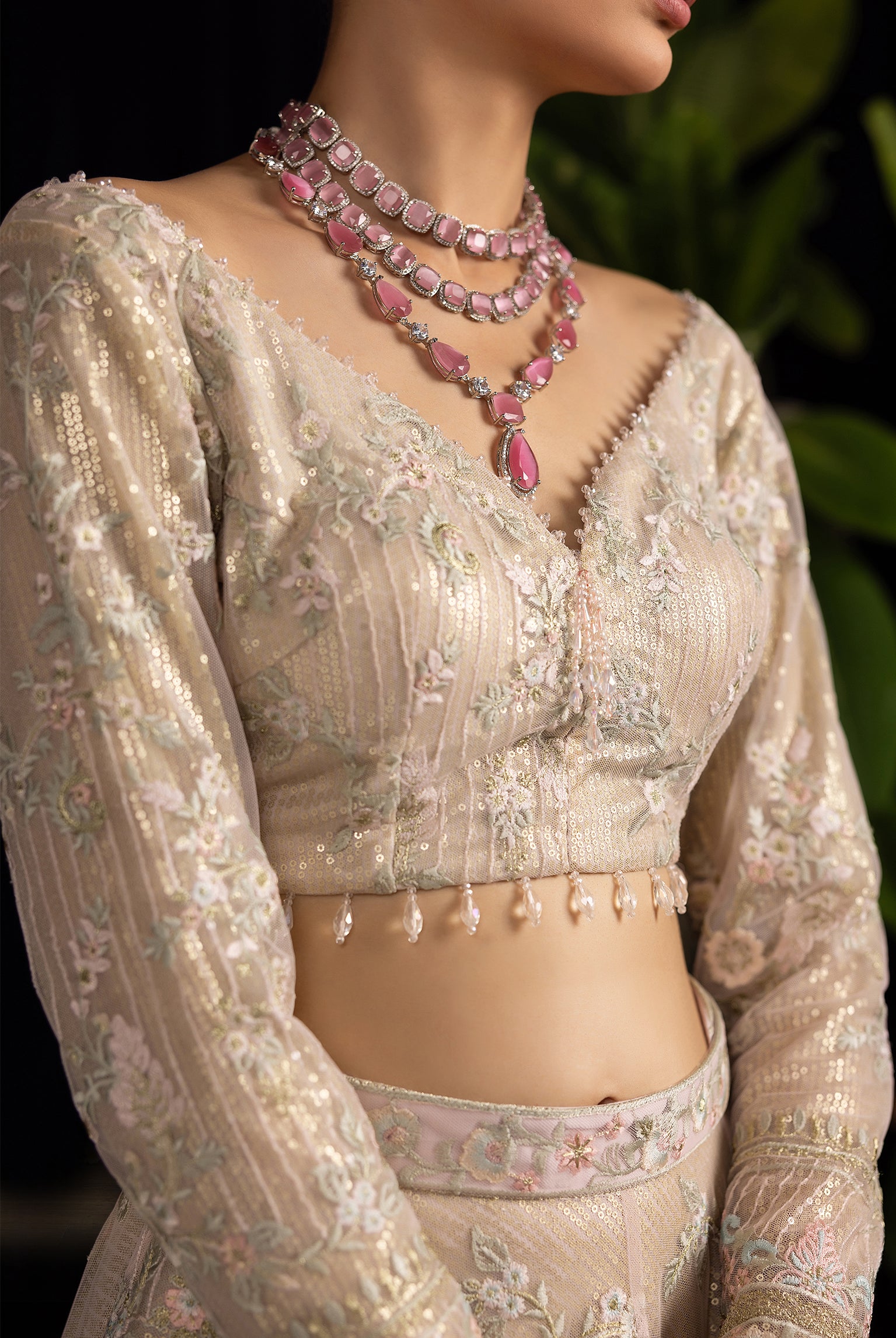 Pakistani Champagne Embroidered Net Lehenga Set (3-Piece) - Image 3