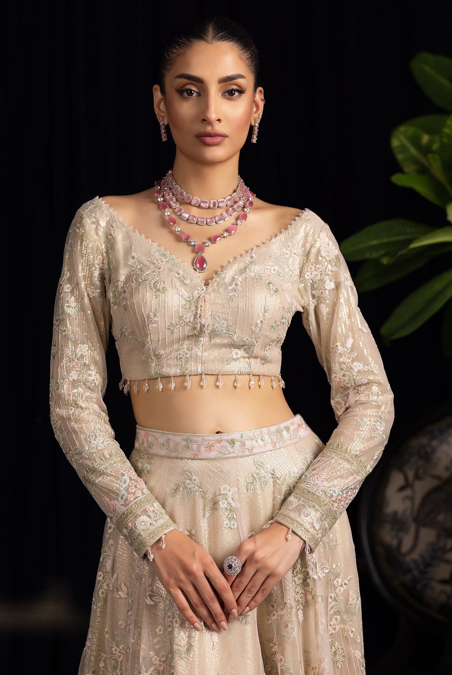 Pakistani Champagne Embroidered Net Lehenga Set (3-Piece) - Image 4