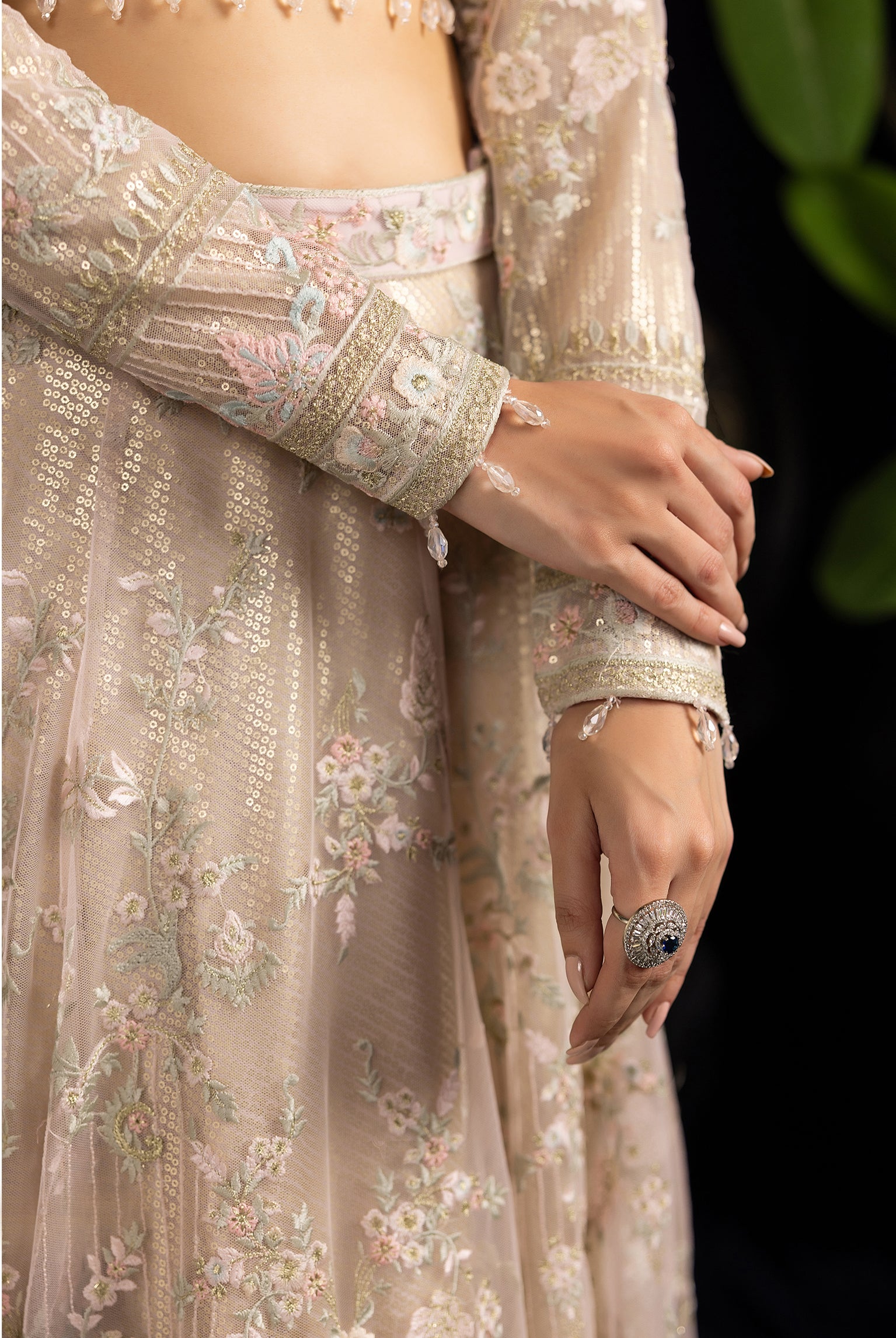 Pakistani Champagne Embroidered Net Lehenga Set (3-Piece) - Image 6