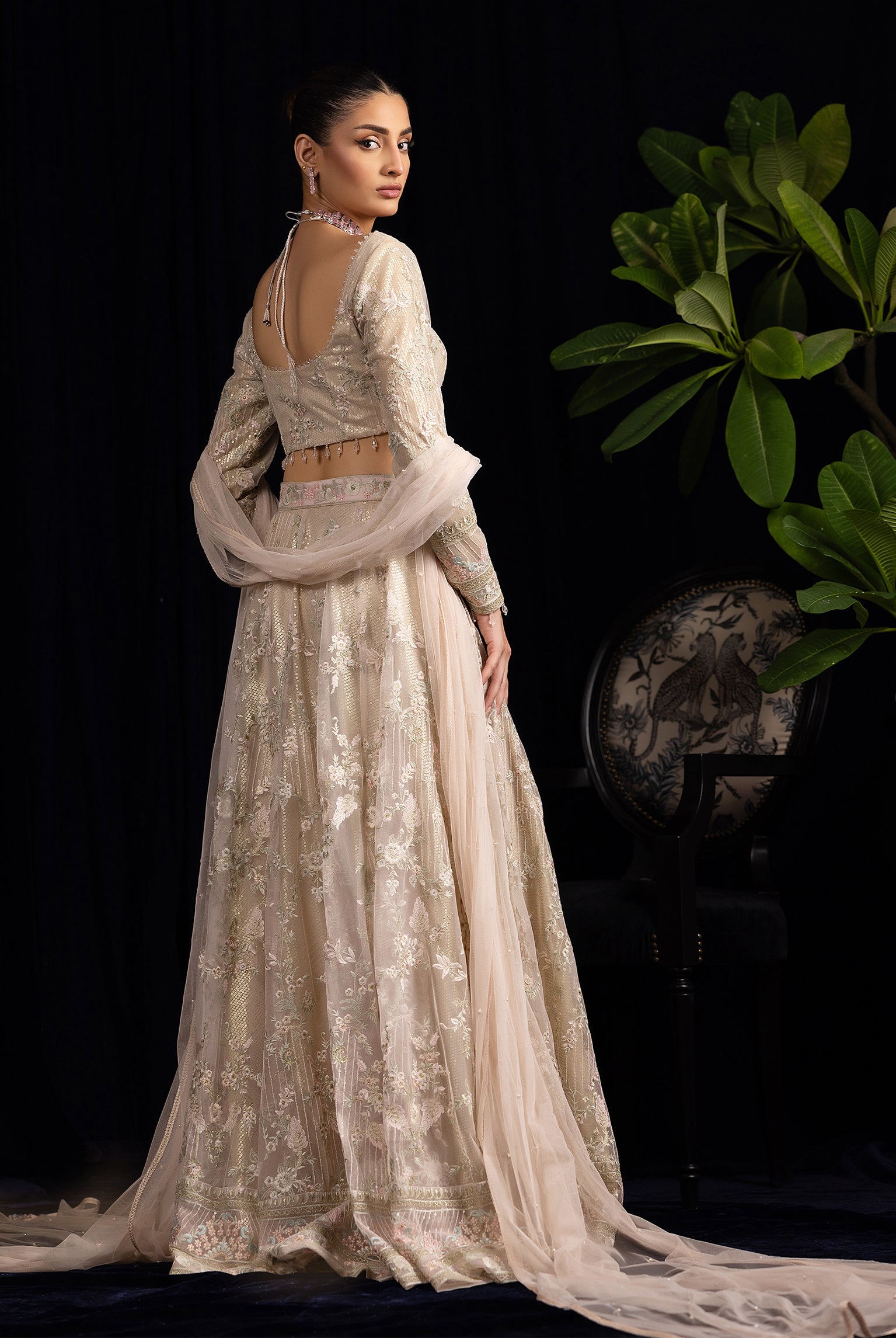 Pakistani Champagne Embroidered Net Lehenga Set (3-Piece) - Image 7