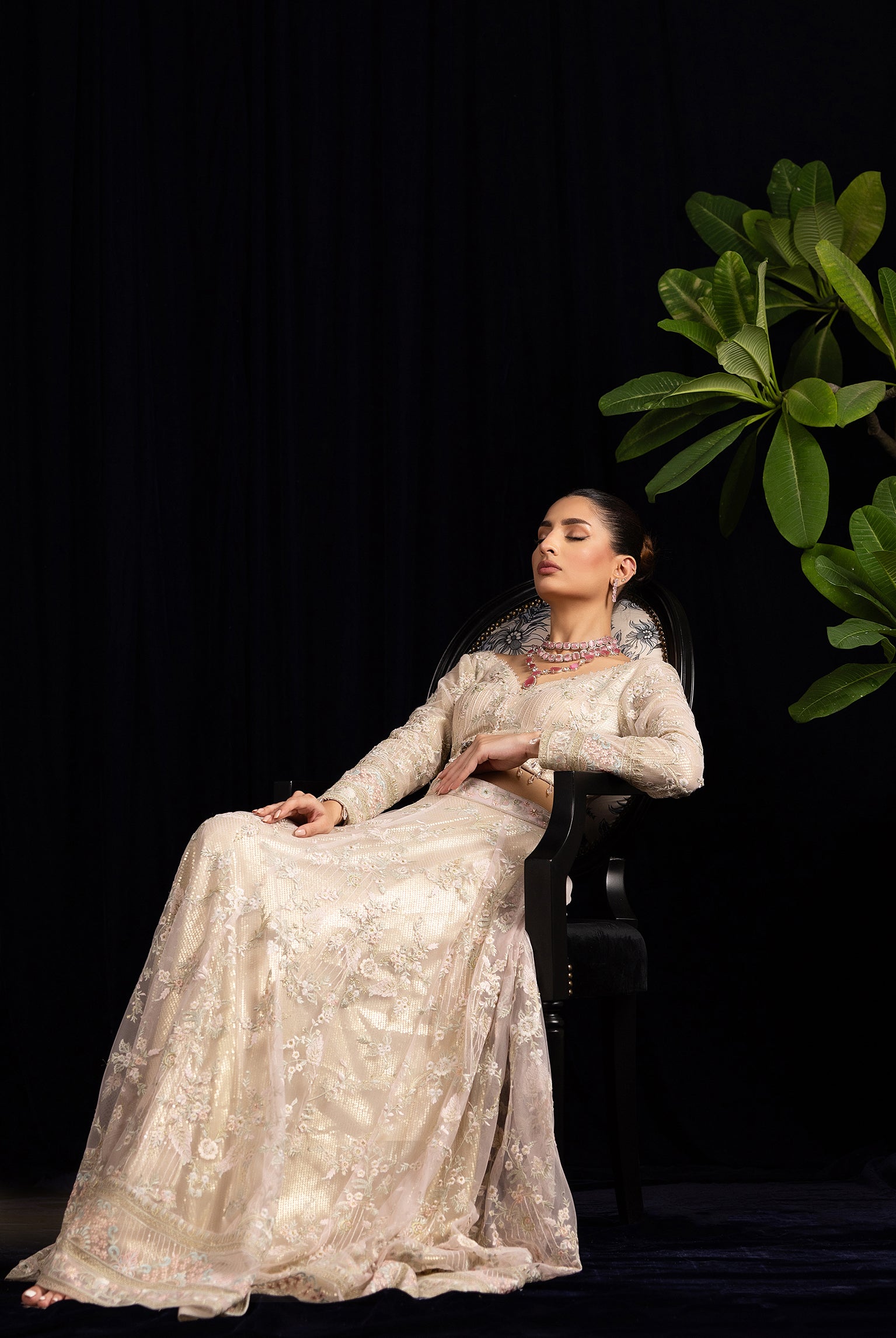 Pakistani Champagne Embroidered Net Lehenga Set (3-Piece) - Image 8