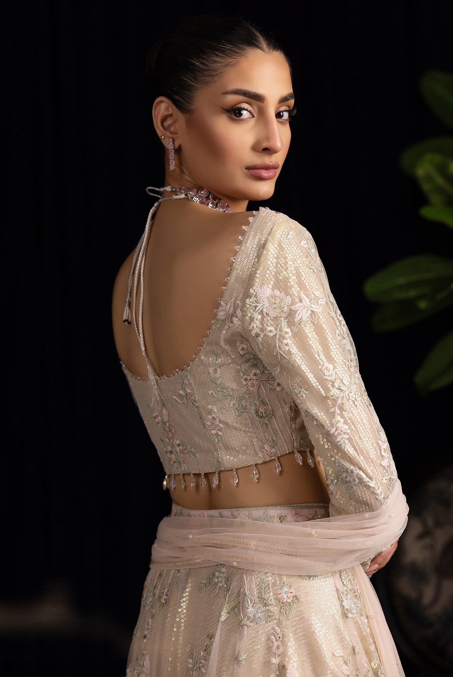 Pakistani Champagne Embroidered Net Lehenga Set (3-Piece) - Image 9