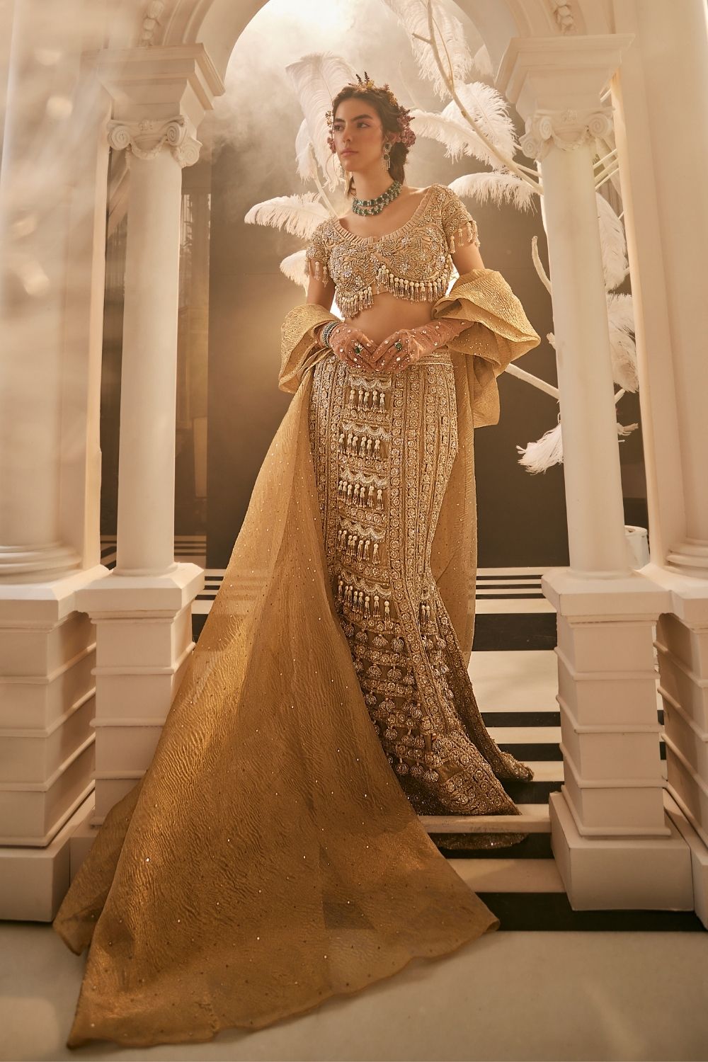 Gold Embellished Net Tissue Mermaid Lehenga (3-Piece) - Image 1