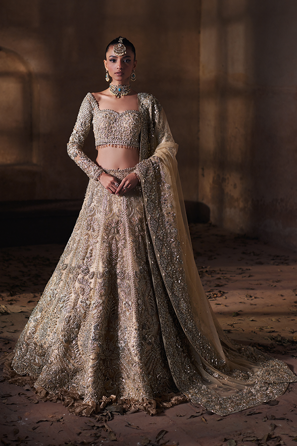Pakistani Gold Dori & Mukesh Embroidered Net Tissue Lehenga (3-Piece) - Image 1