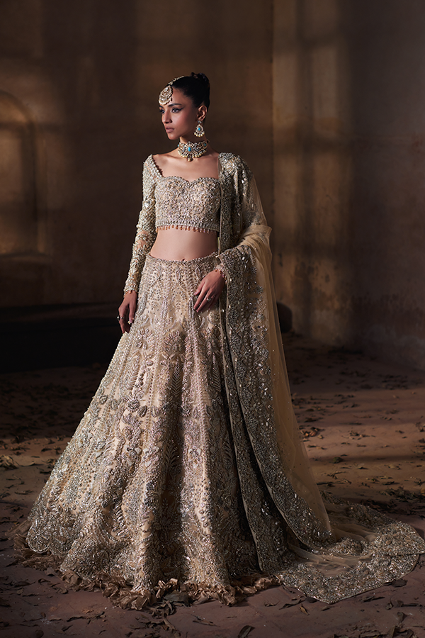 Pakistani Gold Dori & Mukesh Embroidered Net Tissue Lehenga (3-Piece) - Image 4
