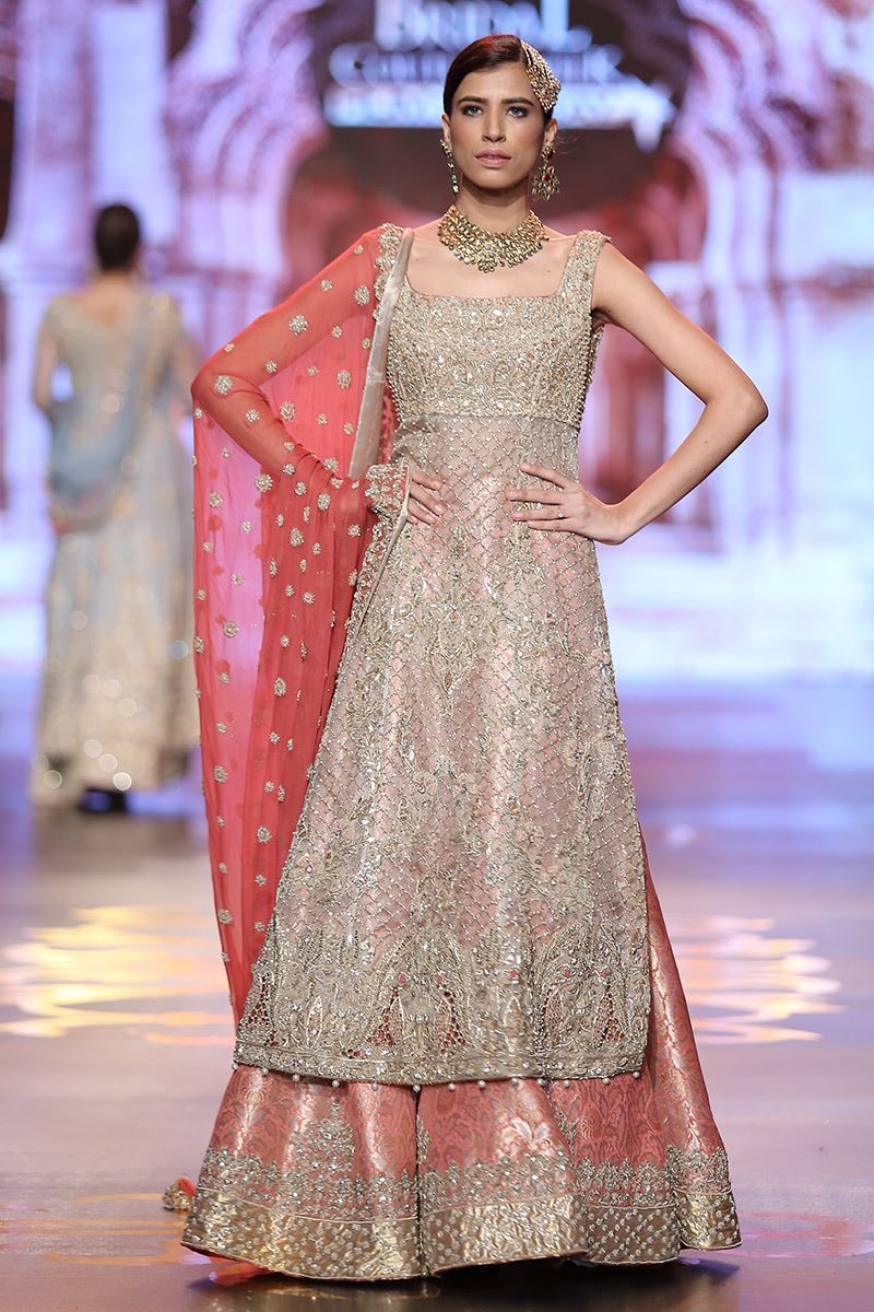 Gold Embroidered Net A-Line Shirt with Lehenga (3-Piece) - Image 1
