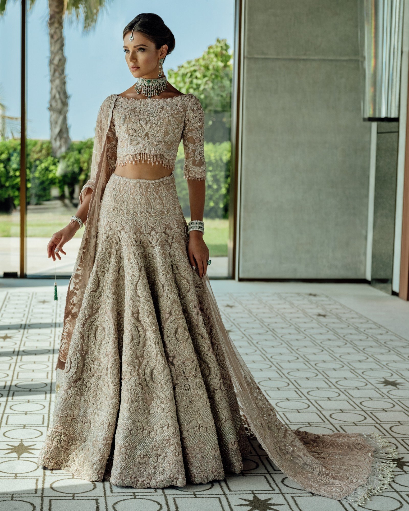 Pakistani Champagne Embroidered Net Silk-Blend Bridal Lehenga (3-Piece) - Image 1