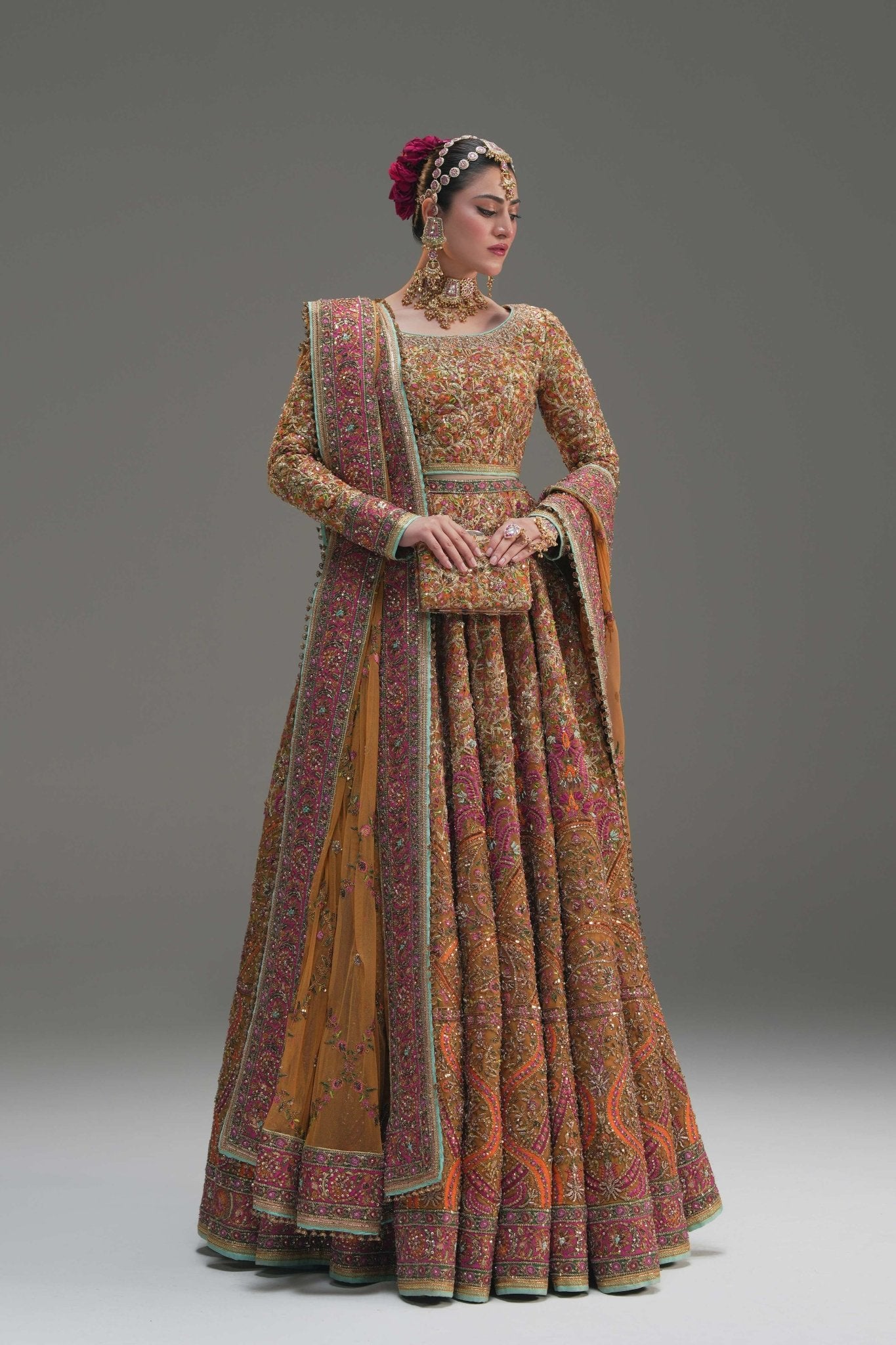 Pakistani Yellow Embroidered Net Lehenga Choli (3-Piece) - Image 5