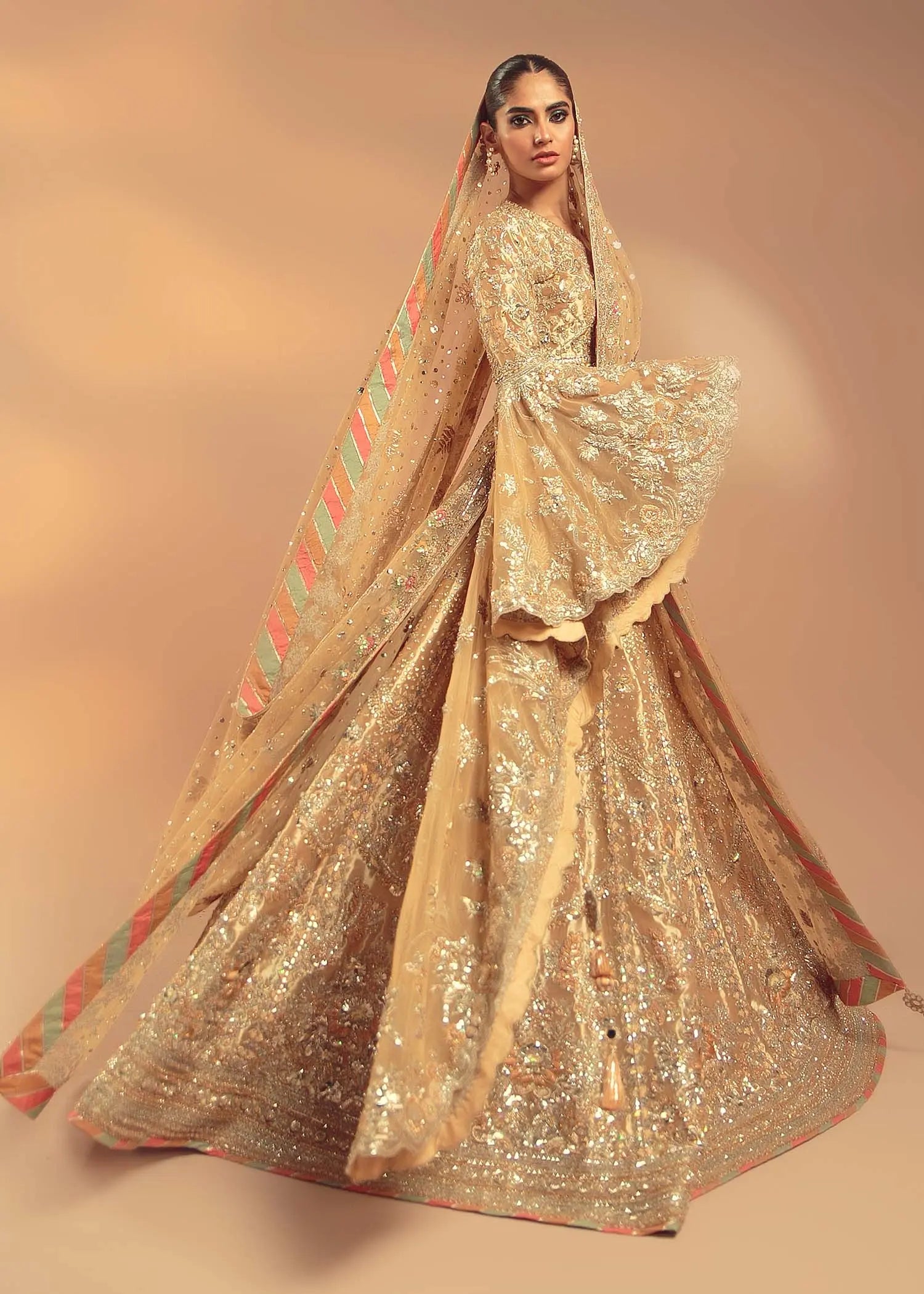 Gold Zardozi Net Silk Bridal Lehenga (3-Piece) - Image 1