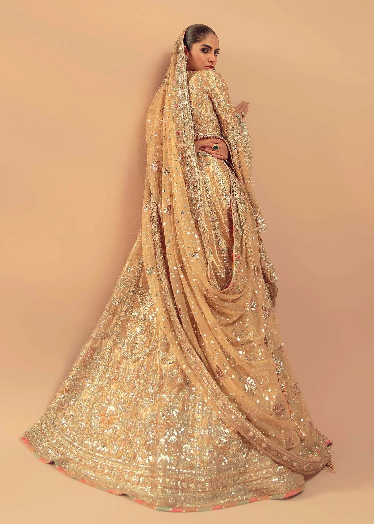 Gold Zardozi Net Silk Bridal Lehenga (3-Piece) - Image 6