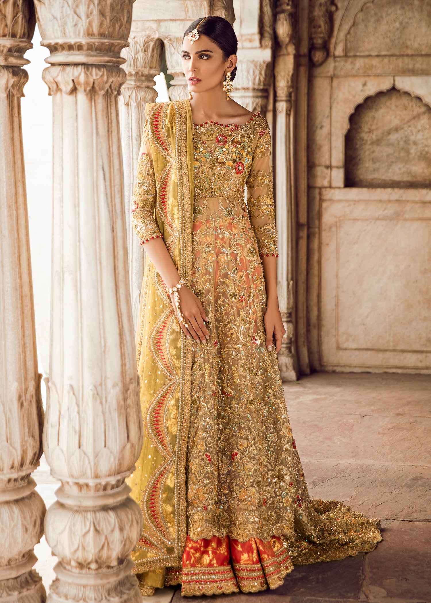 Pakistani Gold Embellished Net Bridal Lehenga (3-Piece) - Image 1