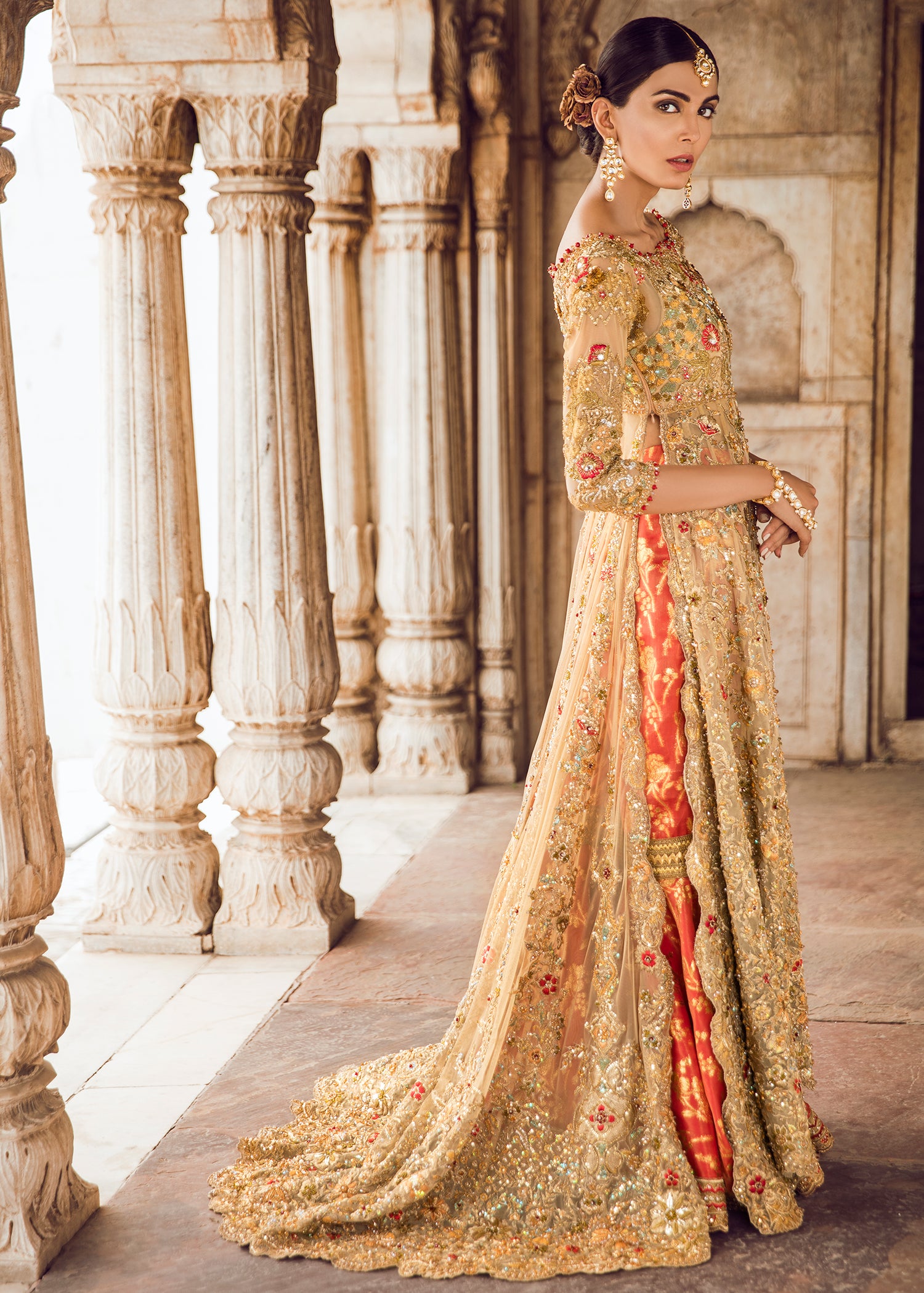 Pakistani Gold Embellished Net Bridal Lehenga (3-Piece) - Image 2