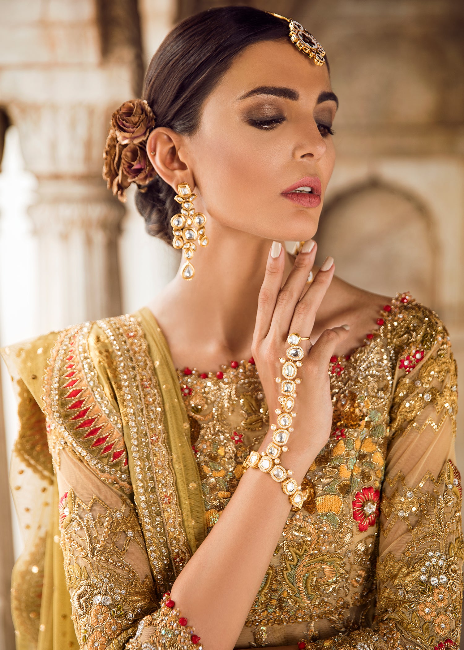 Gold Embellished Net Bridal Lehenga (3-Piece) - Image 3