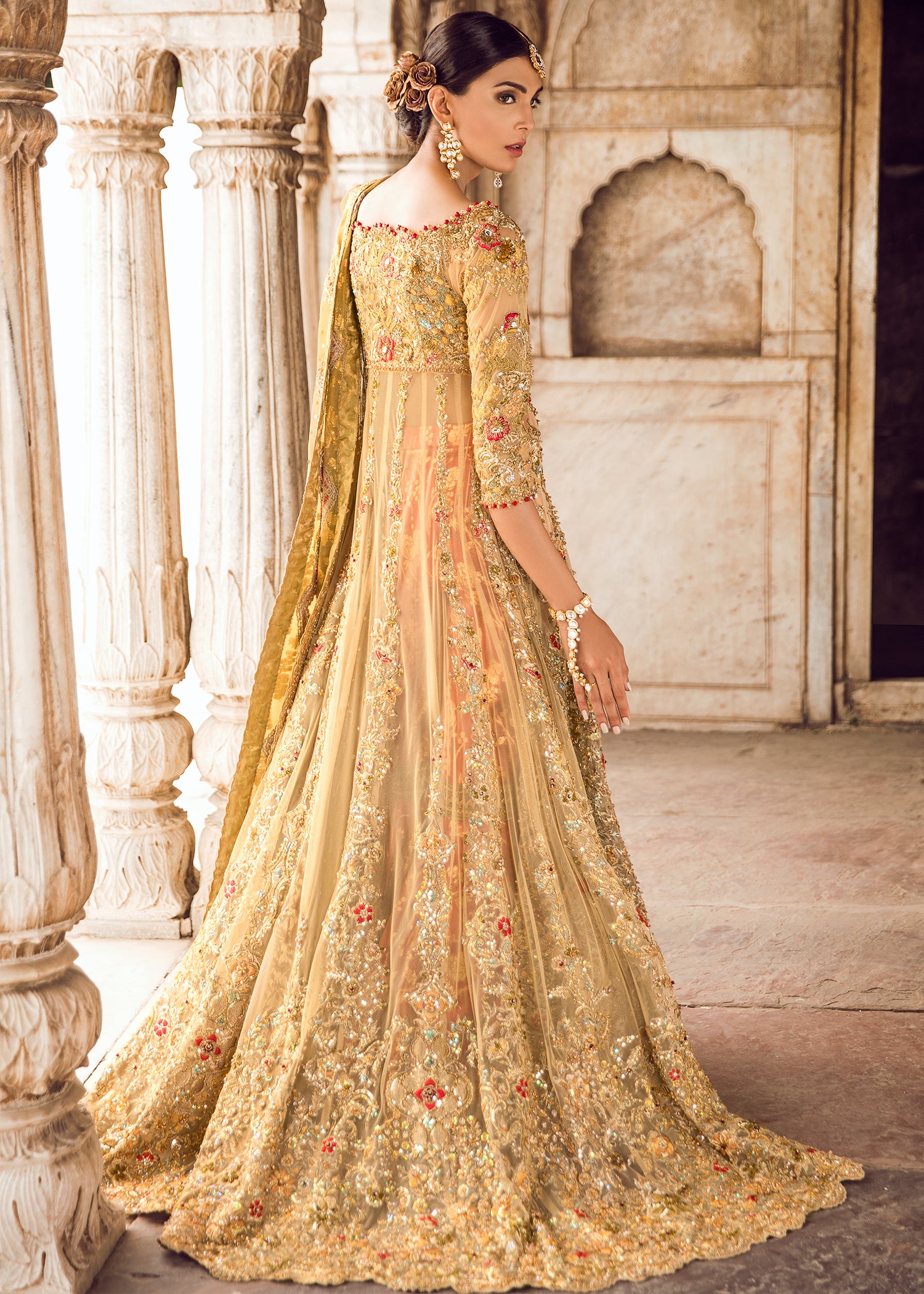 Gold Embellished Net Bridal Lehenga (3-Piece) - Image 4