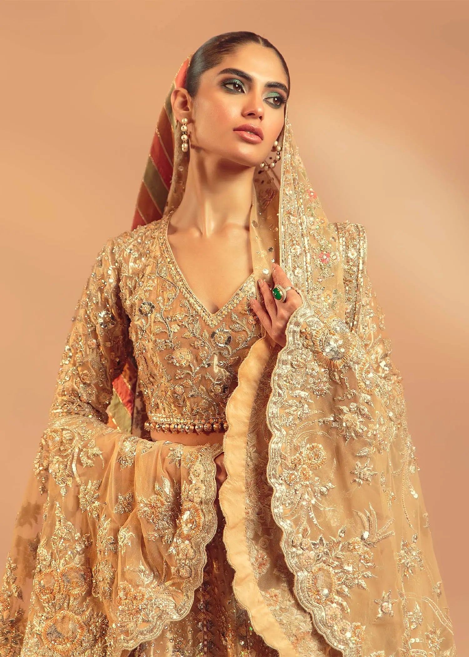 Gold Embellished Net Bridal Lehenga (3-Piece) - Image 2