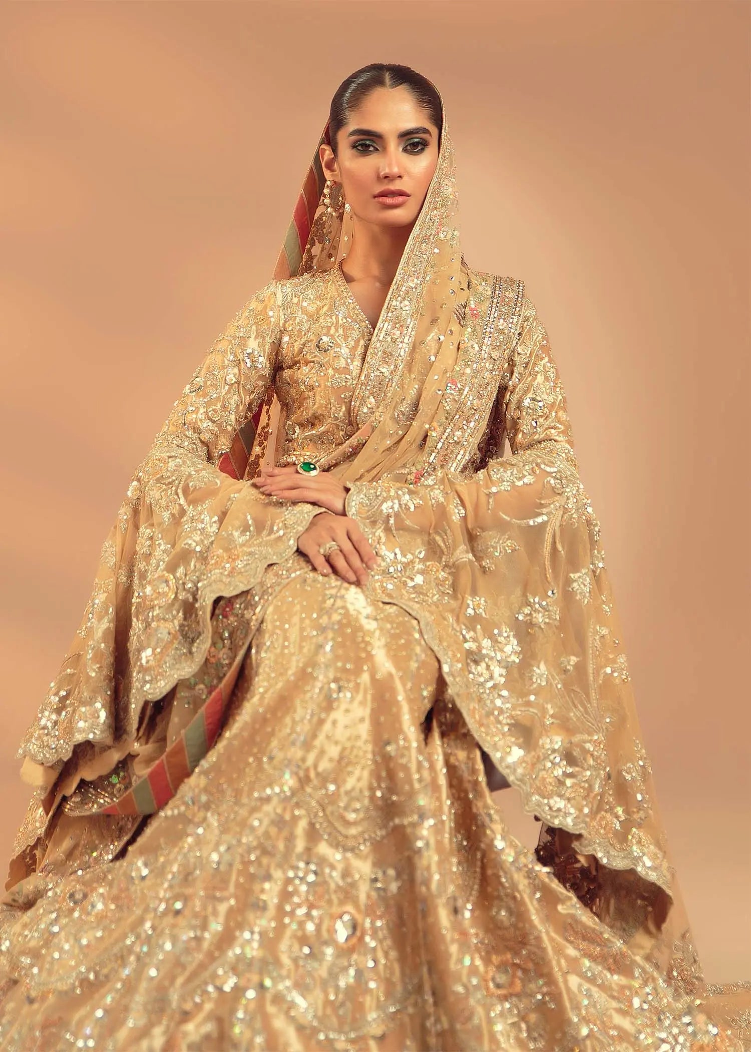 Gold Embellished Net Bridal Lehenga (3-Piece) - Image 3