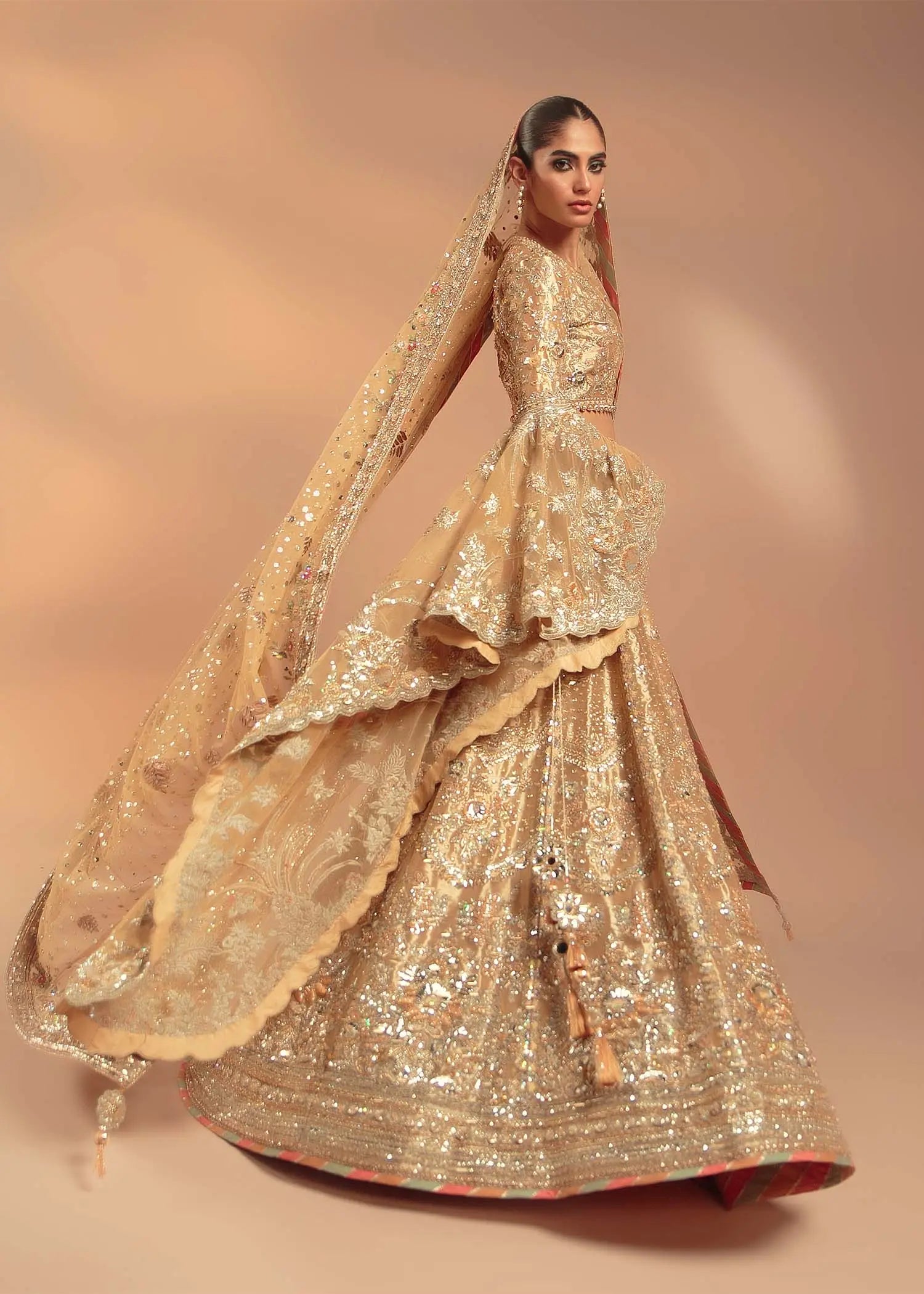 Gold Embellished Net Bridal Lehenga (3-Piece) - Image 4