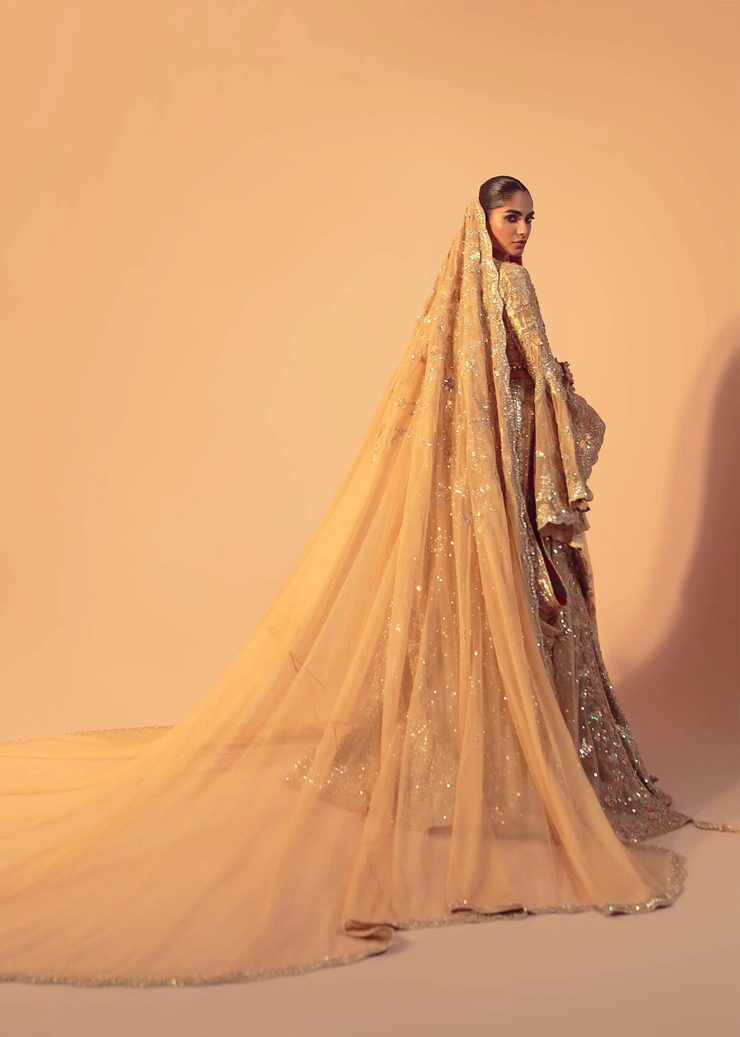 Gold Embellished Net Bridal Lehenga (3-Piece) - Image 5