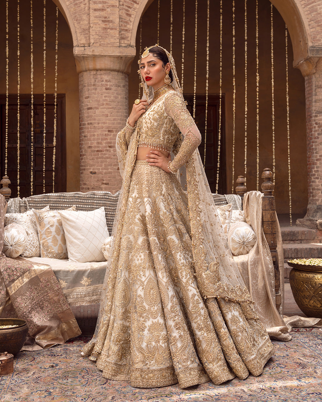 Gold Hand-Embellished Net Lehnga Choli (3-Piece) - Image 4
