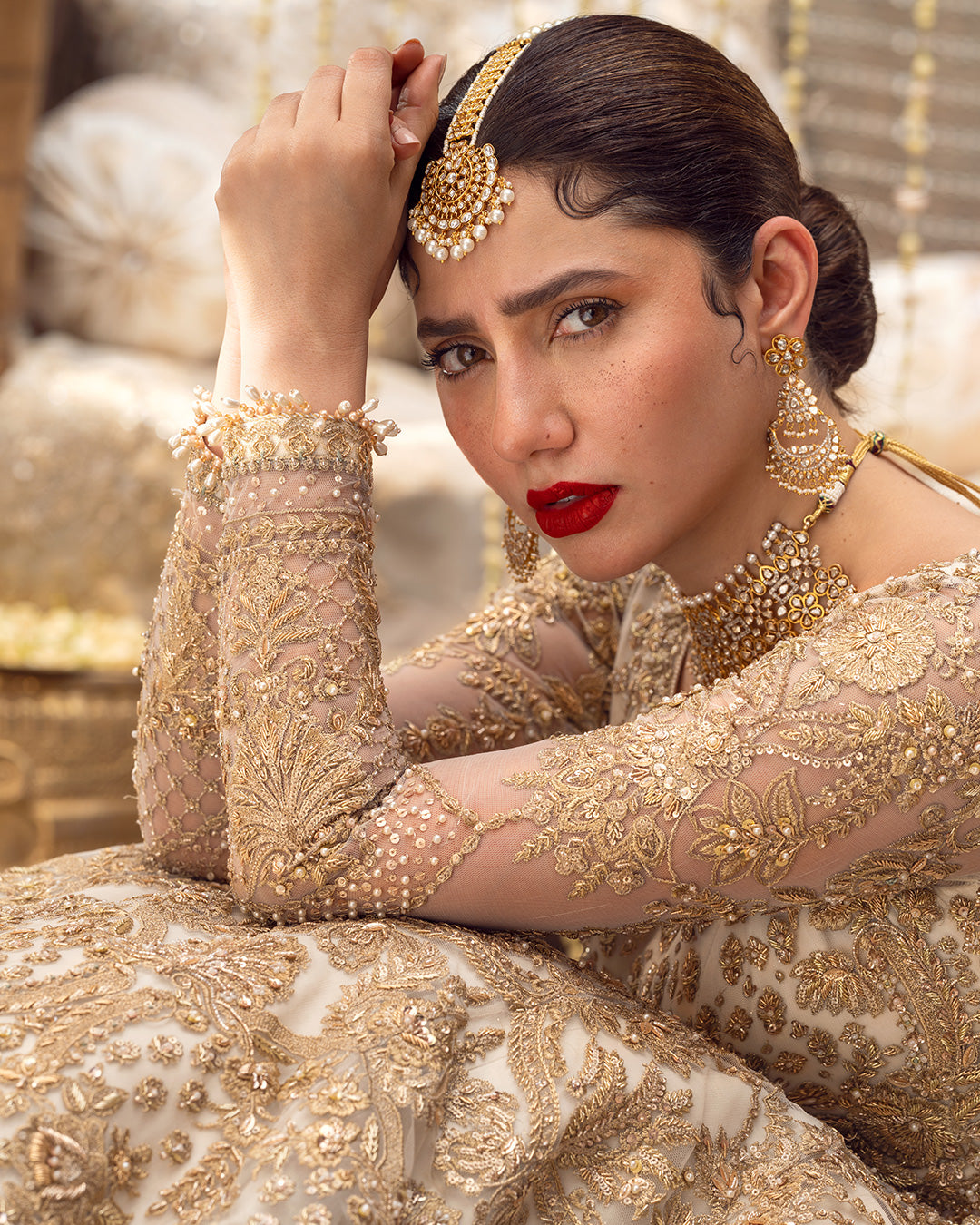 Gold Hand-Embellished Net Lehnga Choli (3-Piece) - Image 8