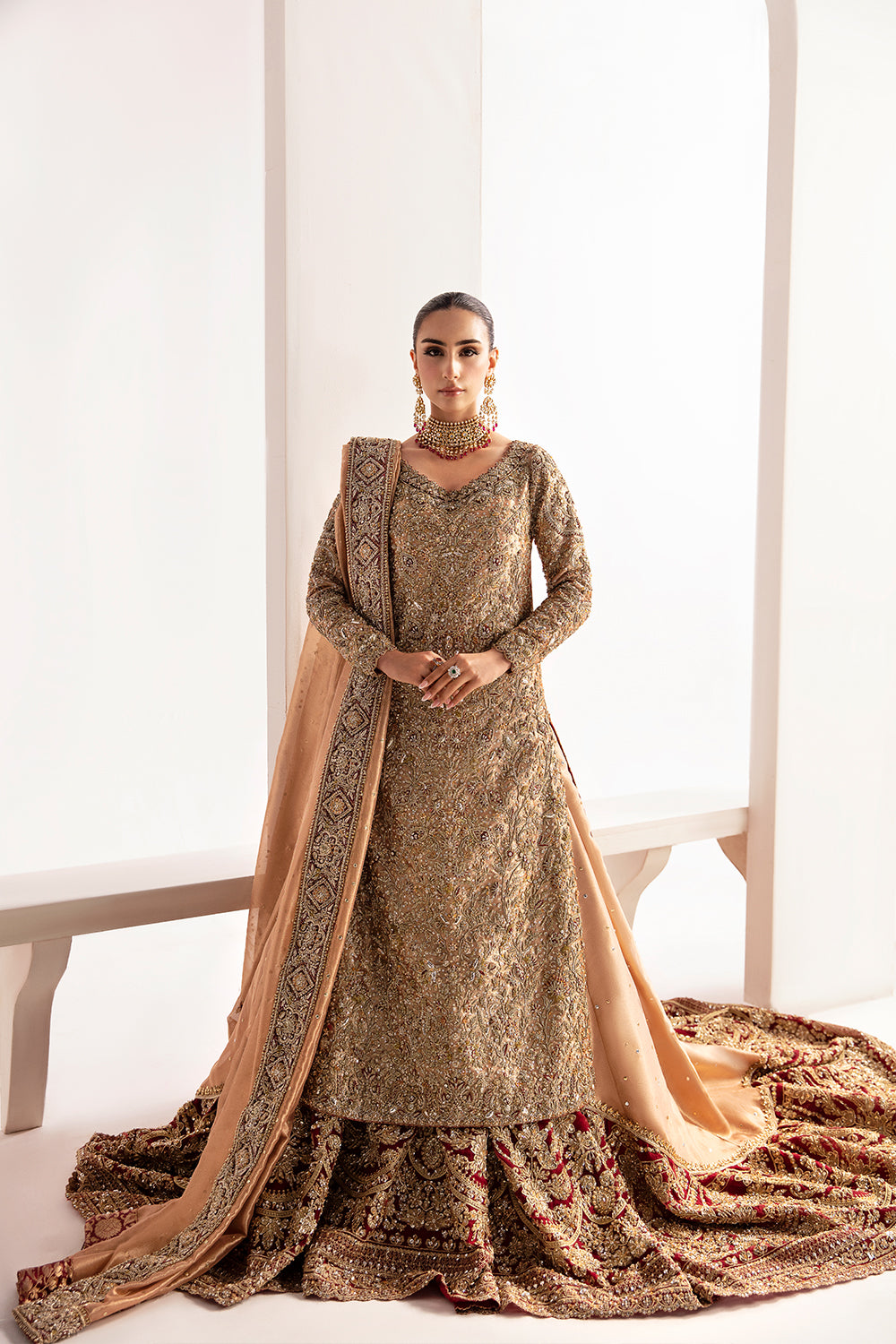 Pakistani Red and Champagne Hand-Embellished Net Lehenga (3-Piece) - Image 1