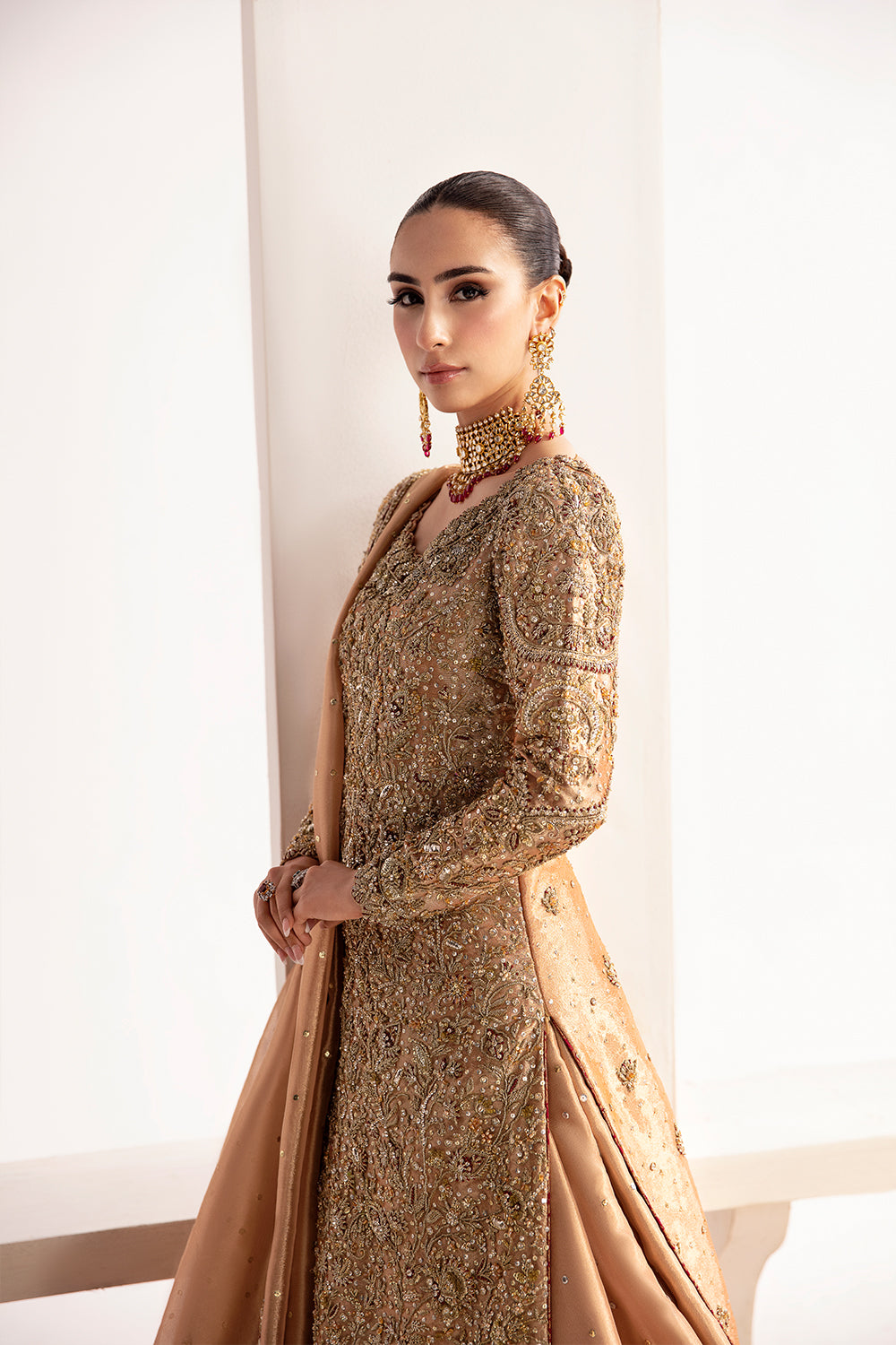 Pakistani Red and Champagne Hand-Embellished Net Lehenga (3-Piece) - Image 4