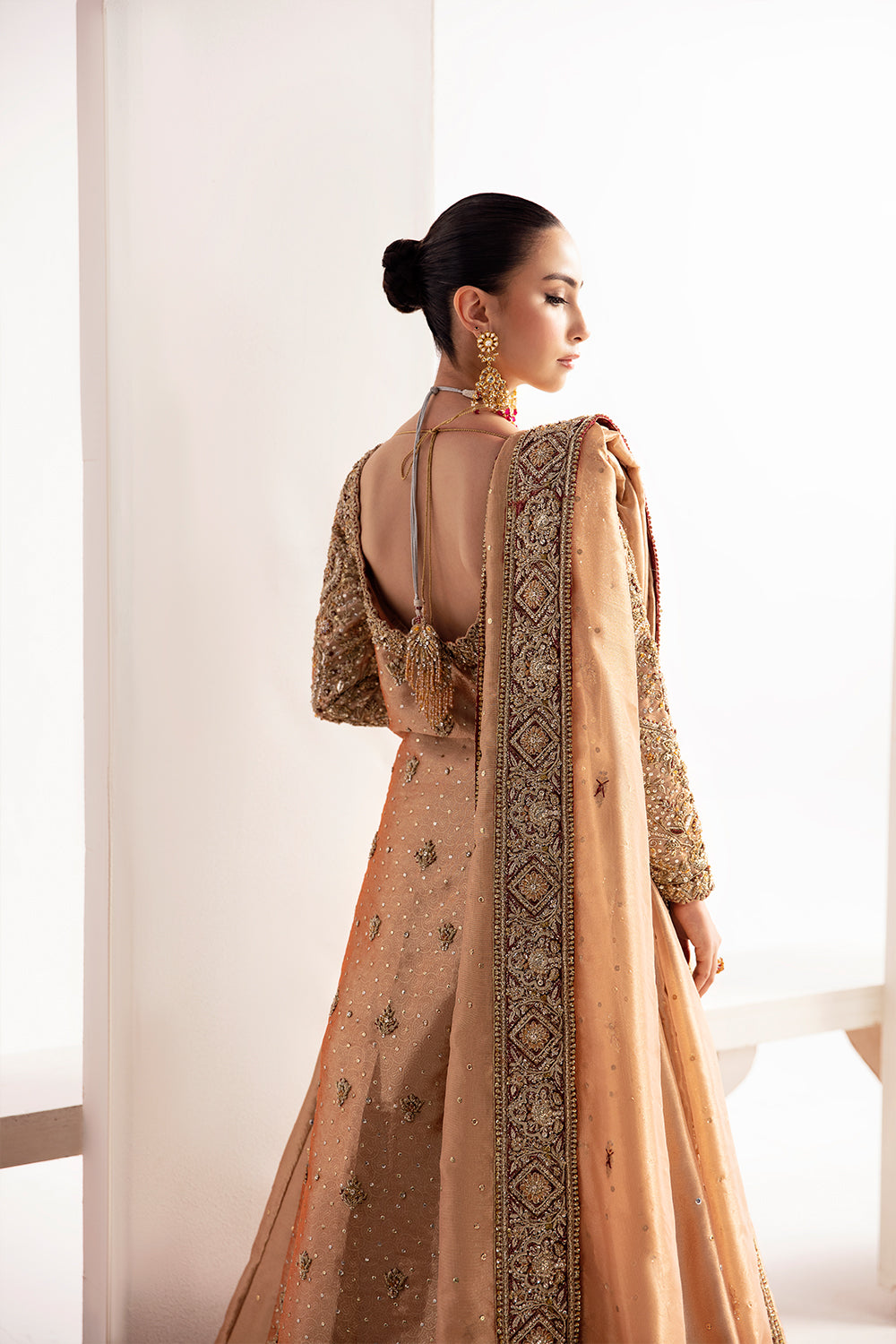 Pakistani Red and Champagne Hand-Embellished Net Lehenga (3-Piece) - Image 5