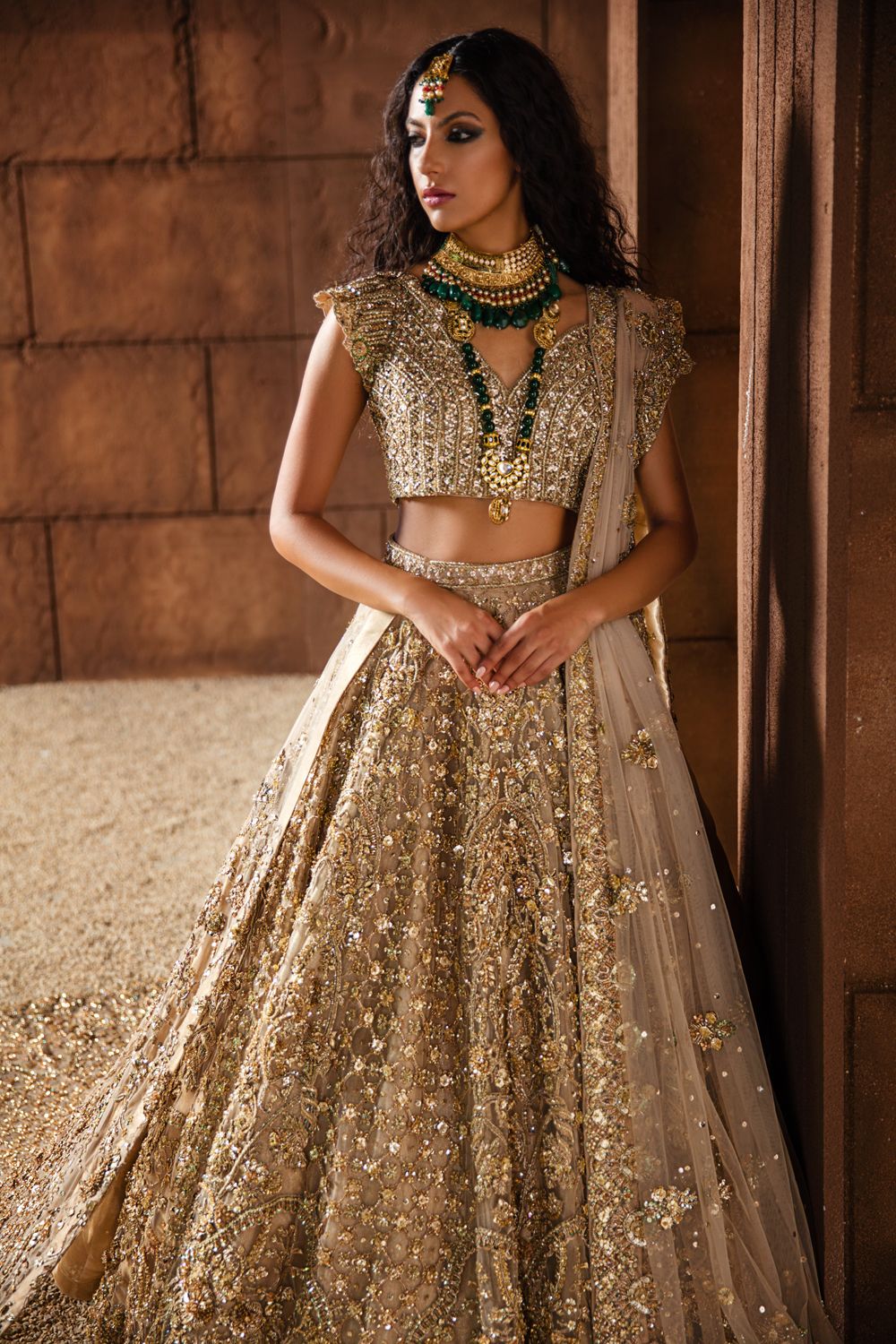 Pakistani Champagne Embellished Net Bridal Lehenga (3-Piece) - Image 1