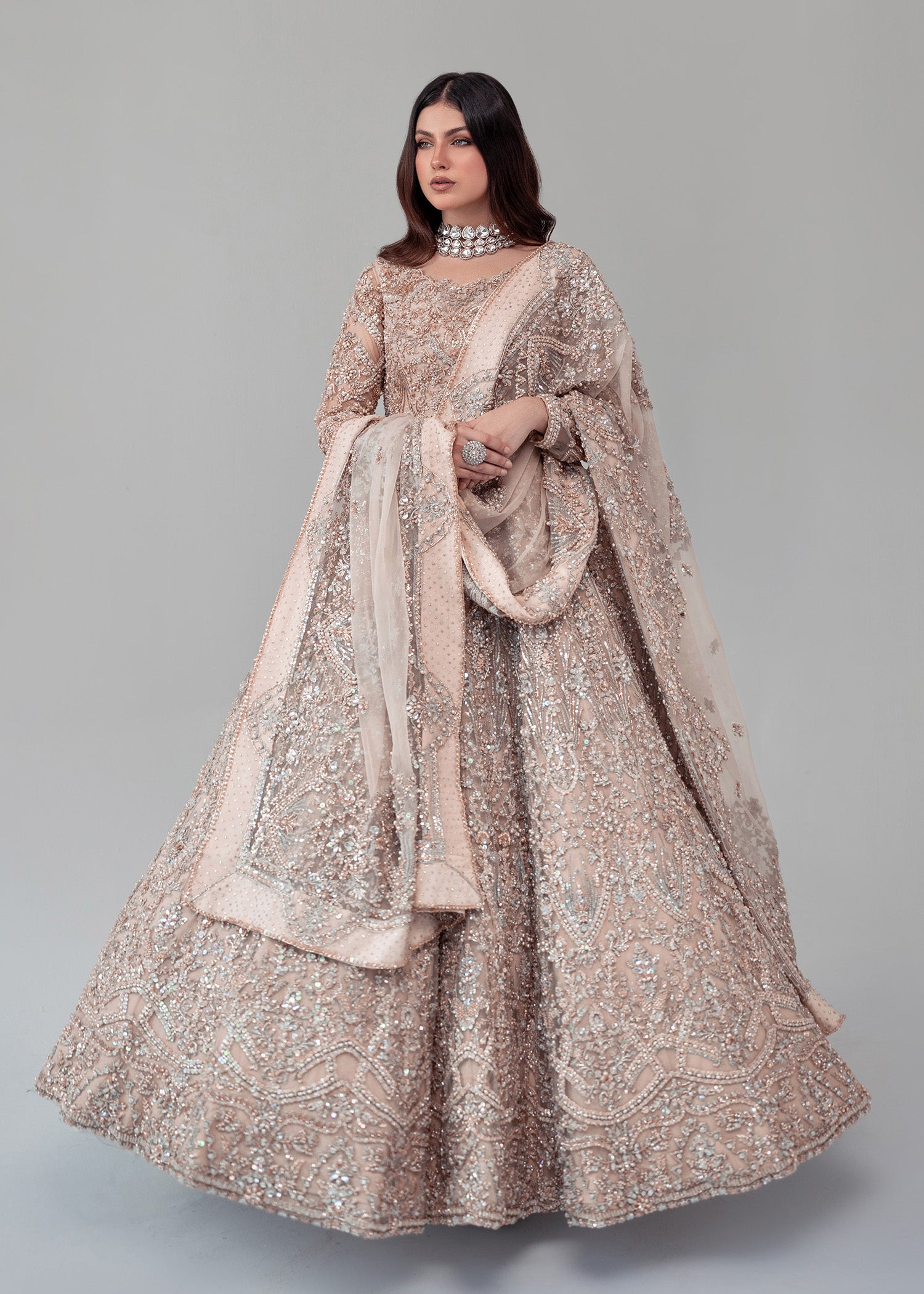 Pakistani Champagne Gold Embellished Net Bridal Lehenga (3-Piece) - Image 1