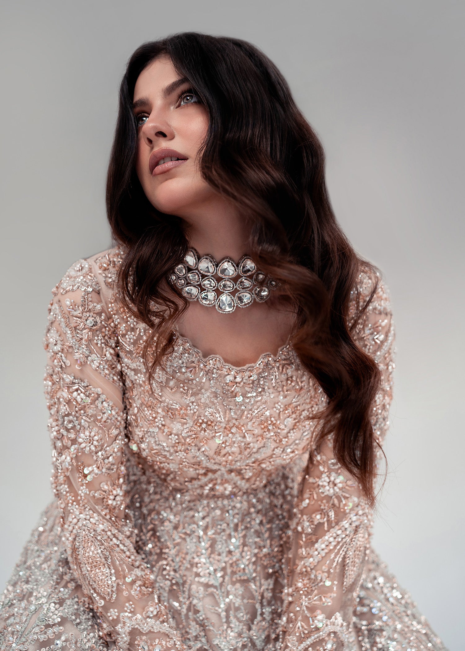 Pakistani Champagne Gold Embellished Net Bridal Lehenga (3-Piece) - Image 2