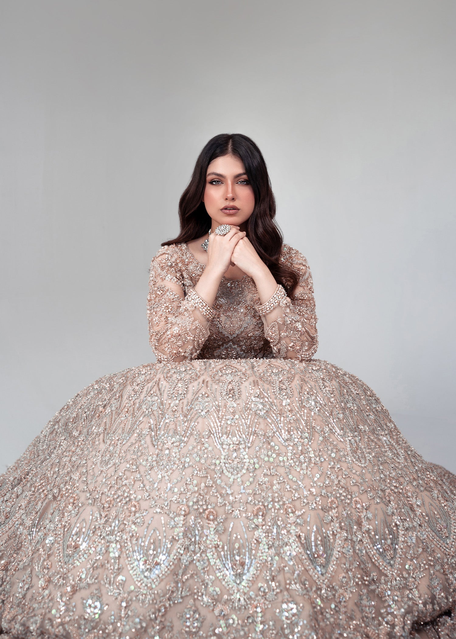 Pakistani Champagne Gold Embellished Net Bridal Lehenga (3-Piece) - Image 3