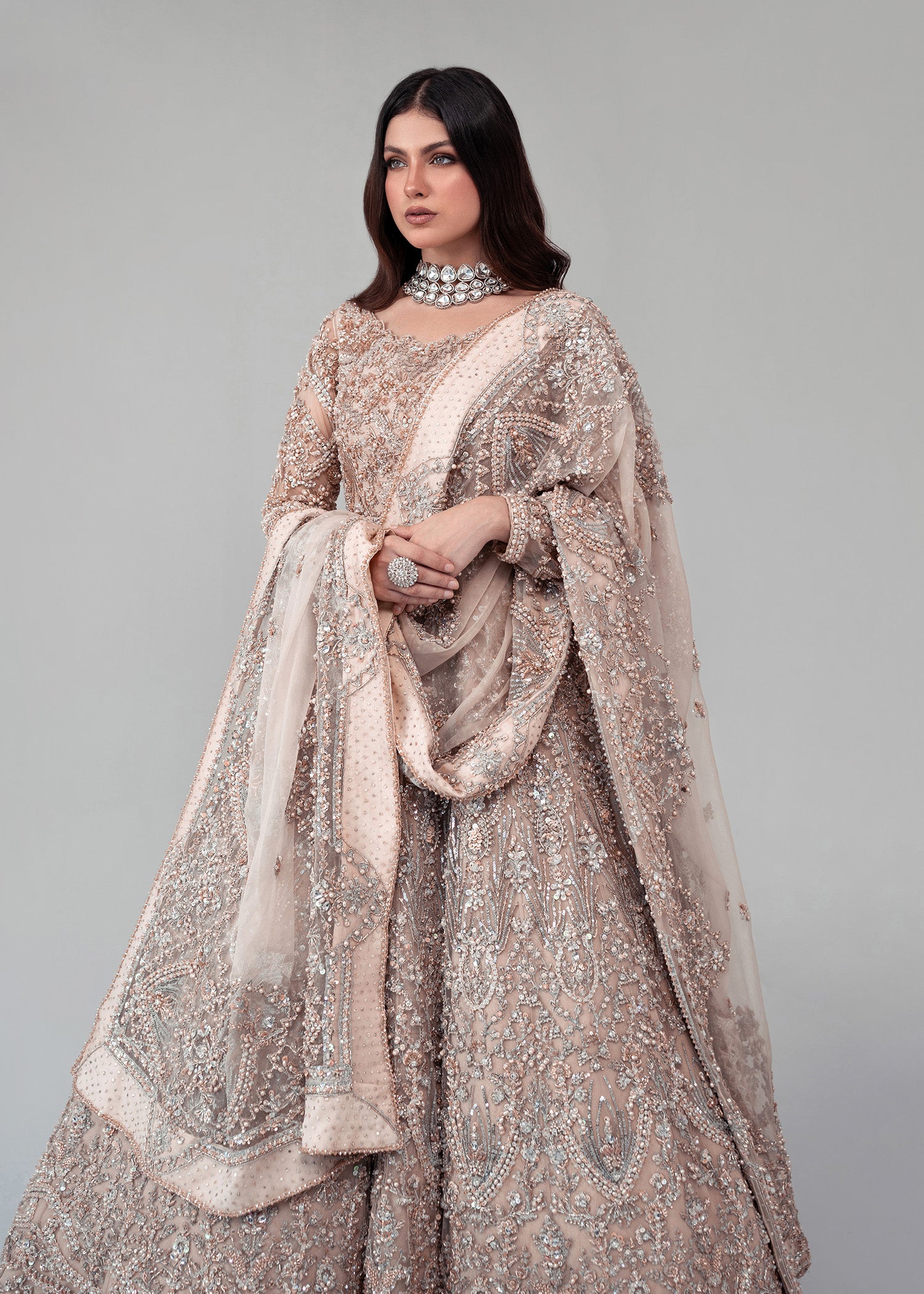 Pakistani Champagne Gold Embellished Net Bridal Lehenga (3-Piece) - Image 4