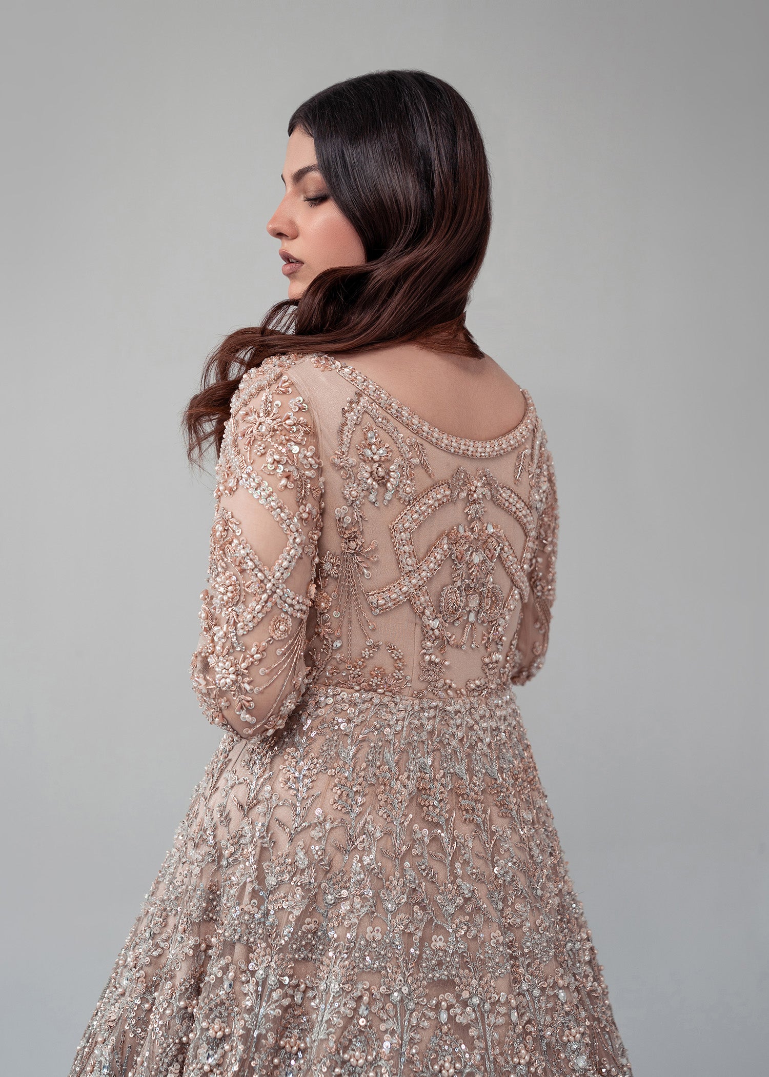 Pakistani Champagne Gold Embellished Net Bridal Lehenga (3-Piece) - Image 5