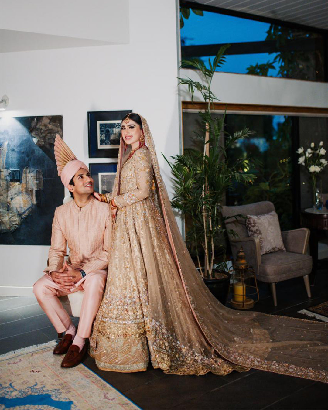 Pakistani Champagne Gold Embellished Net Bridal Lehenga (3-Piece) - Image 1