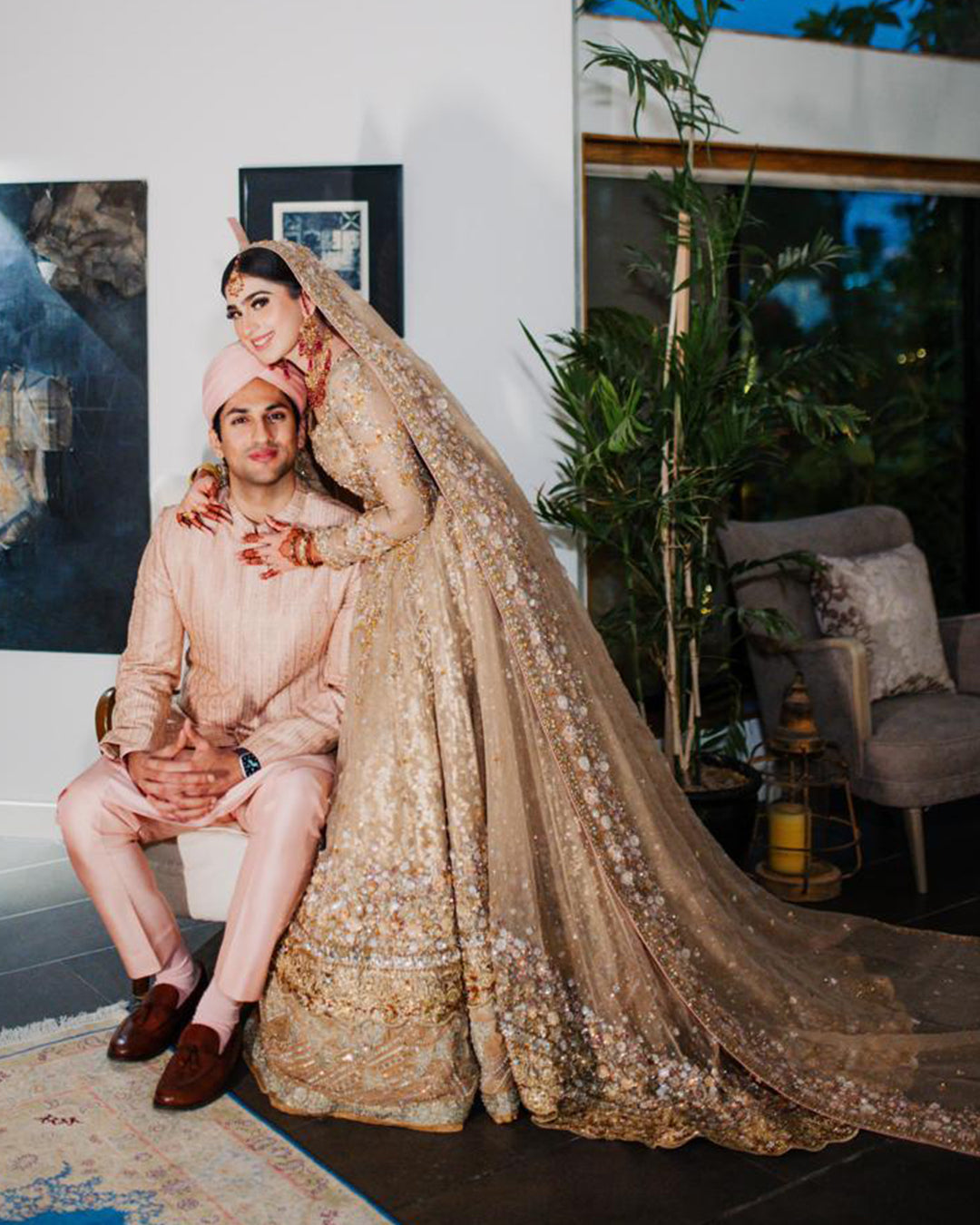 Pakistani Champagne Gold Embellished Net Bridal Lehenga (3-Piece) - Image 10