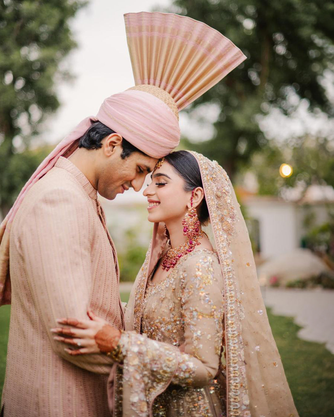 Pakistani Champagne Gold Embellished Net Bridal Lehenga (3-Piece) - Image 11