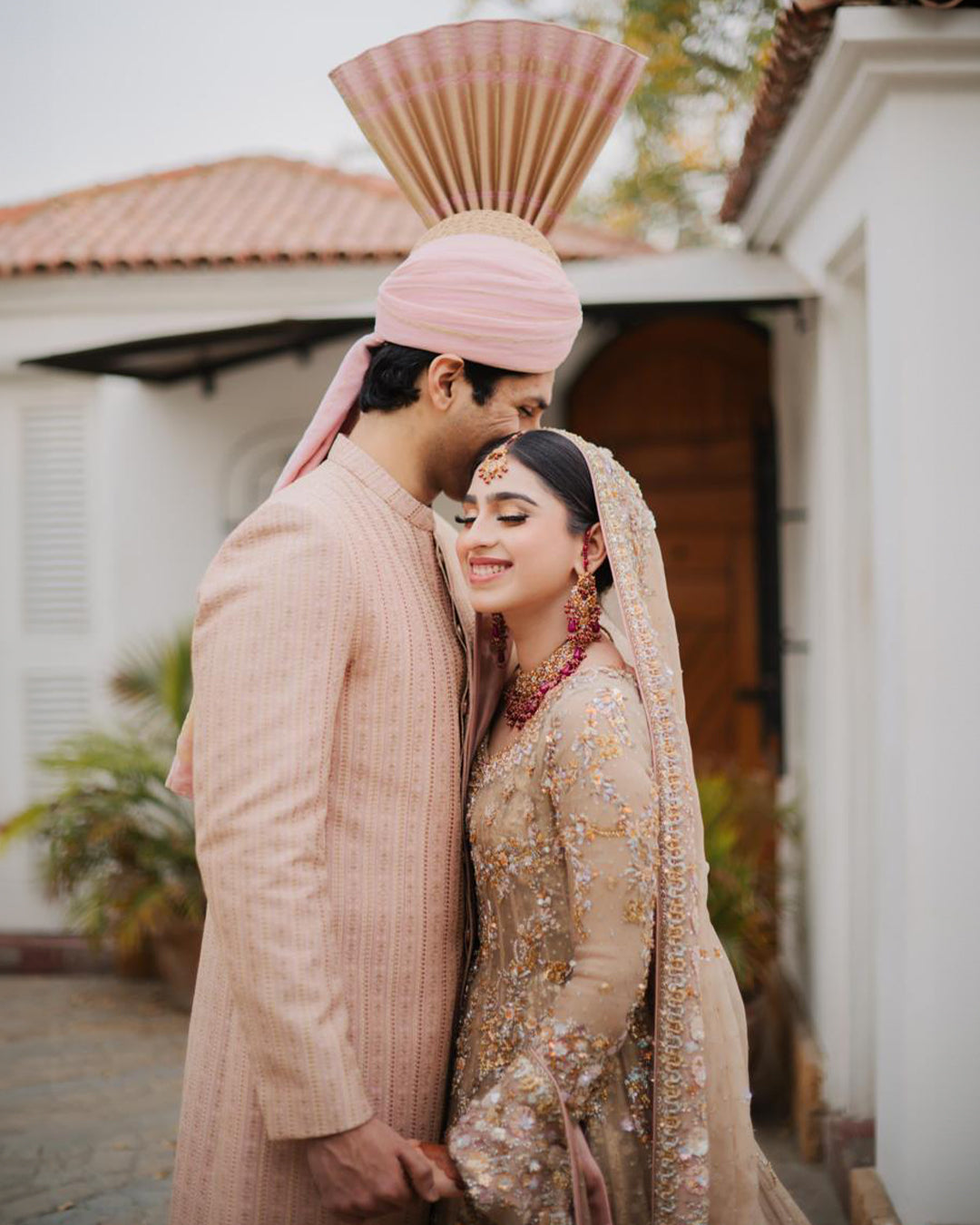 Pakistani Champagne Gold Embellished Net Bridal Lehenga (3-Piece) - Image 12