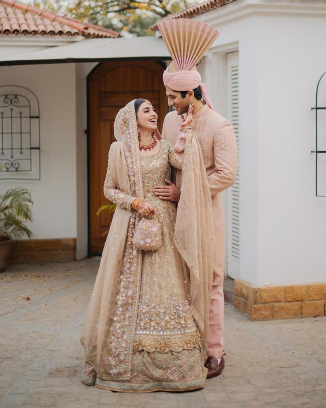 Pakistani Champagne Gold Embellished Net Bridal Lehenga (3-Piece) - Image 2