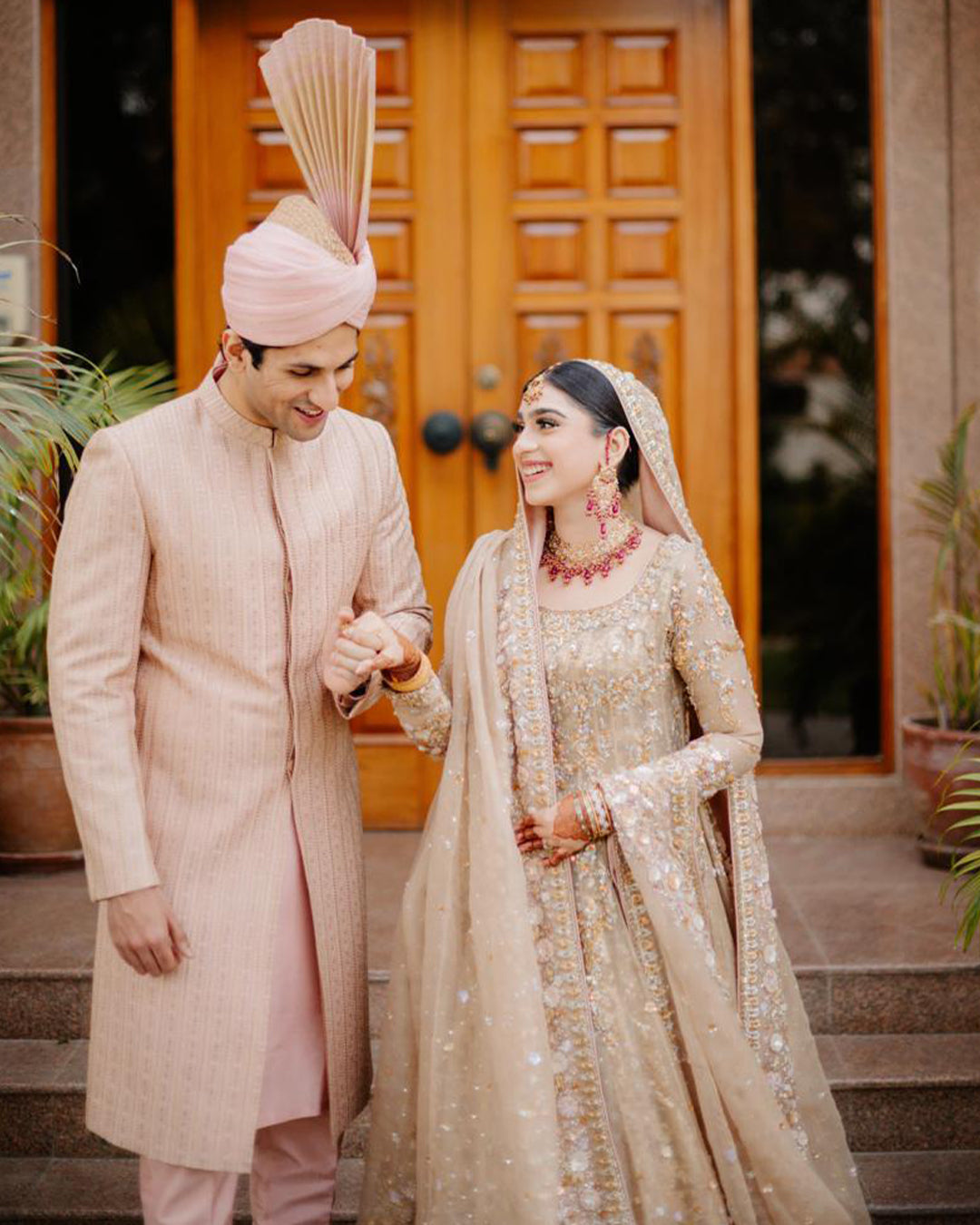 Pakistani Champagne Gold Embellished Net Bridal Lehenga (3-Piece) - Image 3