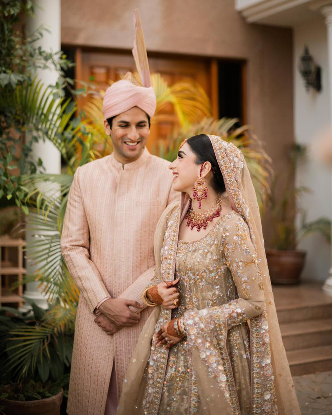 Pakistani Champagne Gold Embellished Net Bridal Lehenga (3-Piece) - Image 4