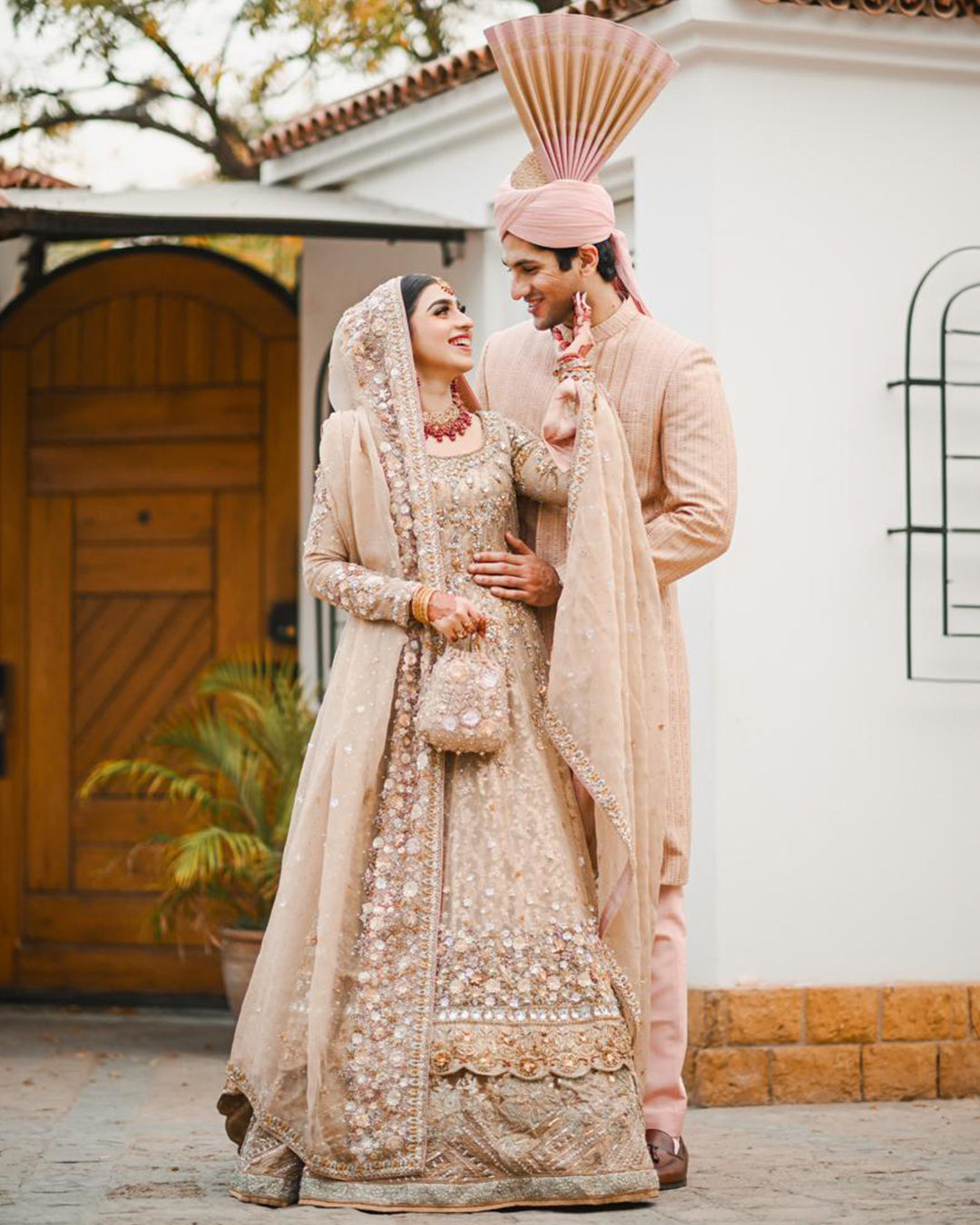 Pakistani Champagne Gold Embellished Net Bridal Lehenga (3-Piece) - Image 6