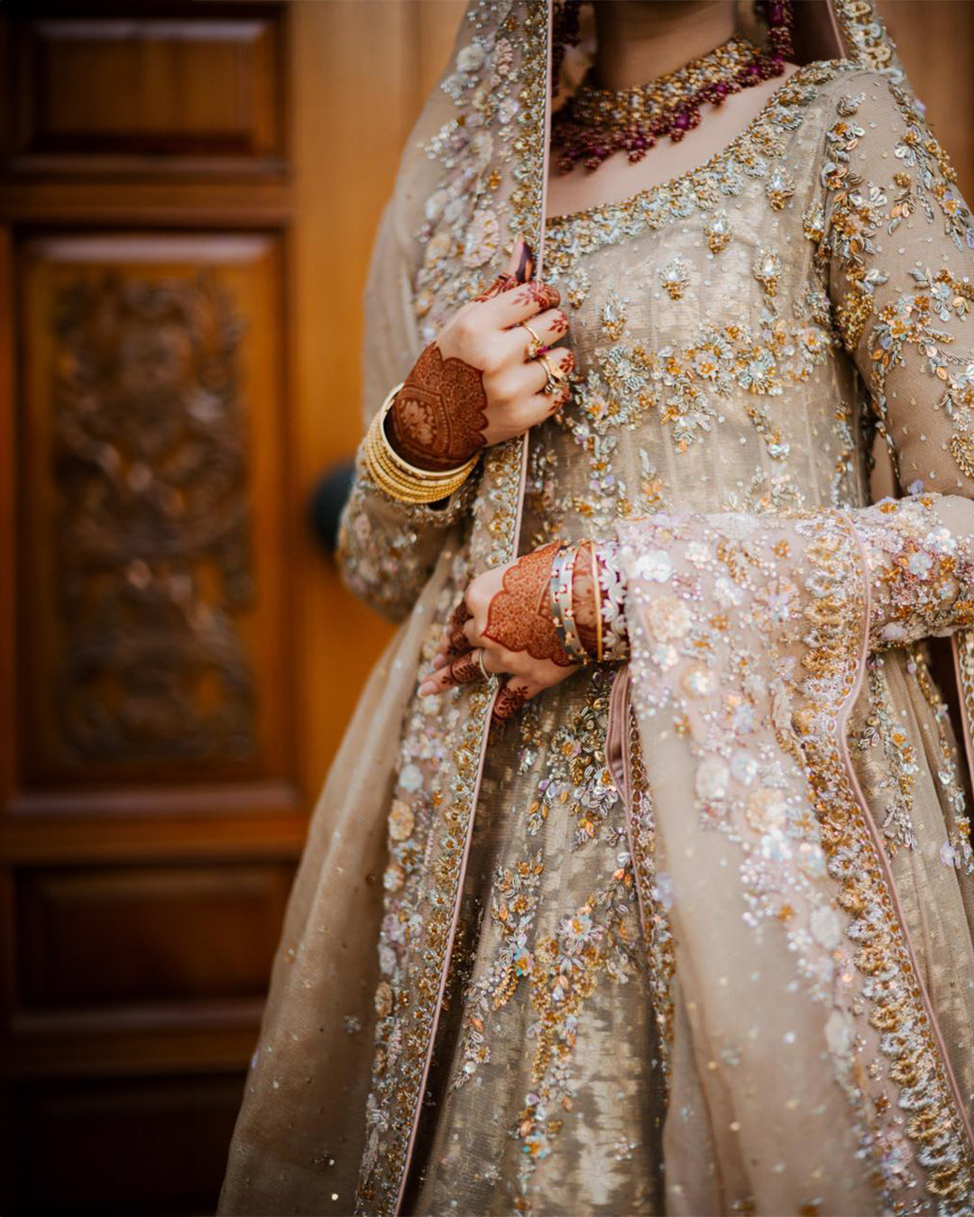 Pakistani Champagne Gold Embellished Net Bridal Lehenga (3-Piece) - Image 7