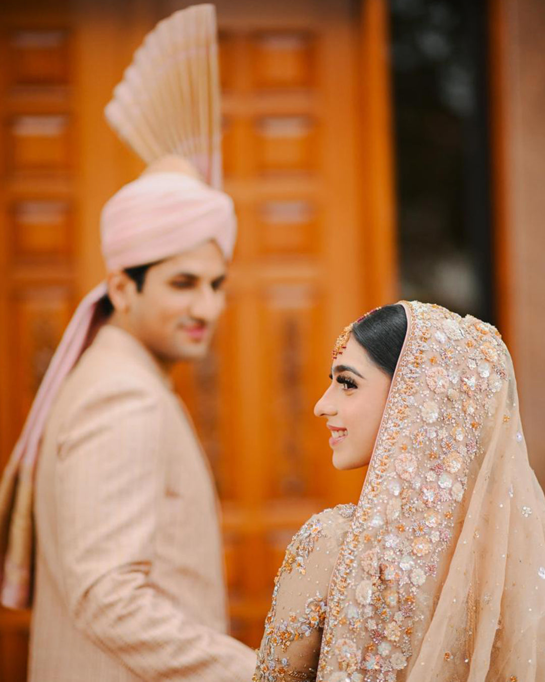 Pakistani Champagne Gold Embellished Net Bridal Lehenga (3-Piece) - Image 8