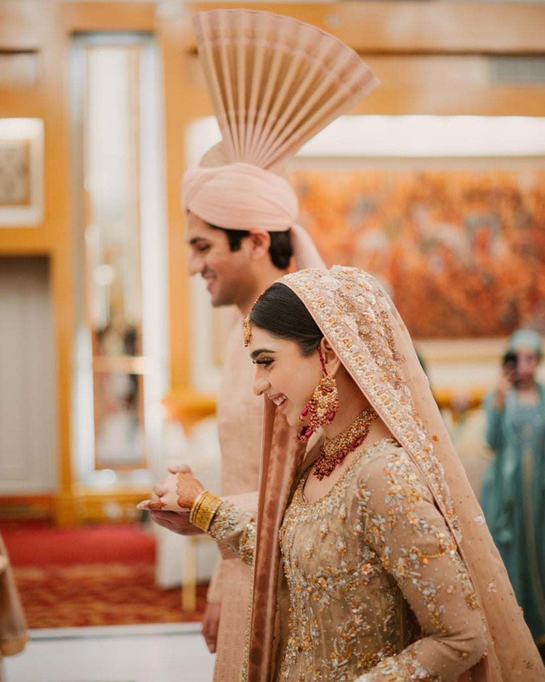 Pakistani Champagne Gold Embellished Net Bridal Lehenga (3-Piece) - Image 9