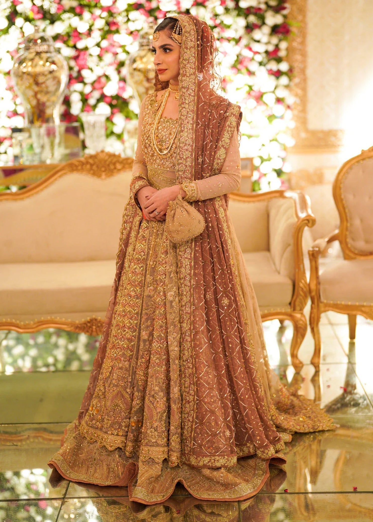 Antique Gold and Rose Embroidered Net Bridal Lehenga (3-Piece) - Image 1