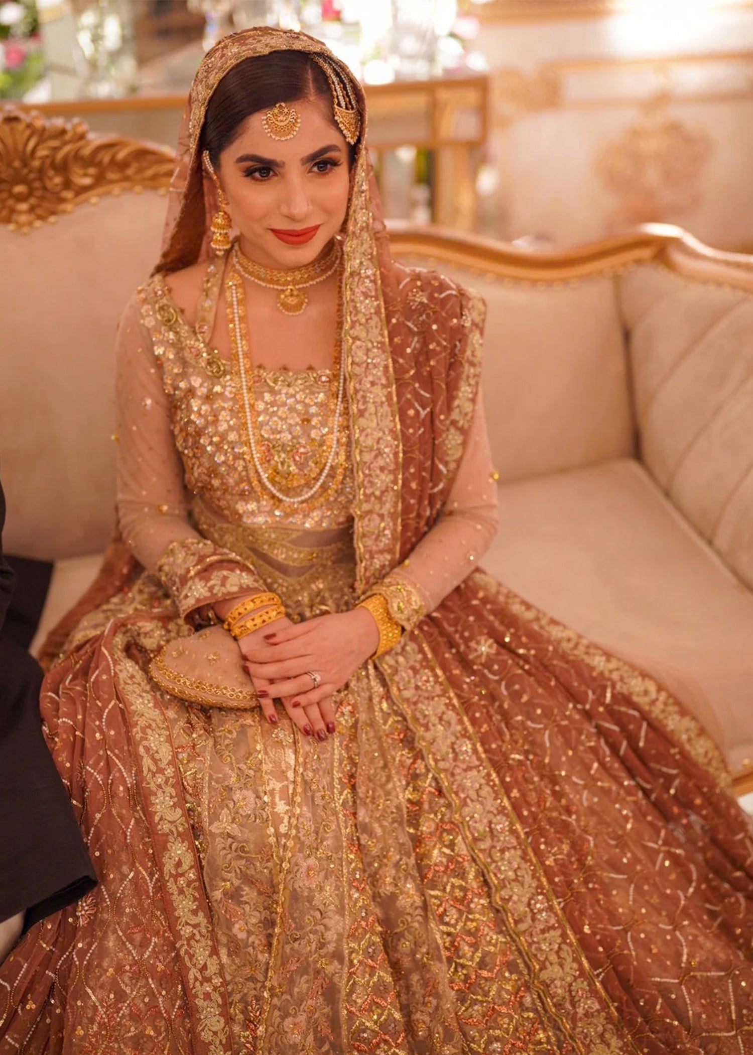 Antique Gold and Rose Embroidered Net Bridal Lehenga (3-Piece) - Image 2
