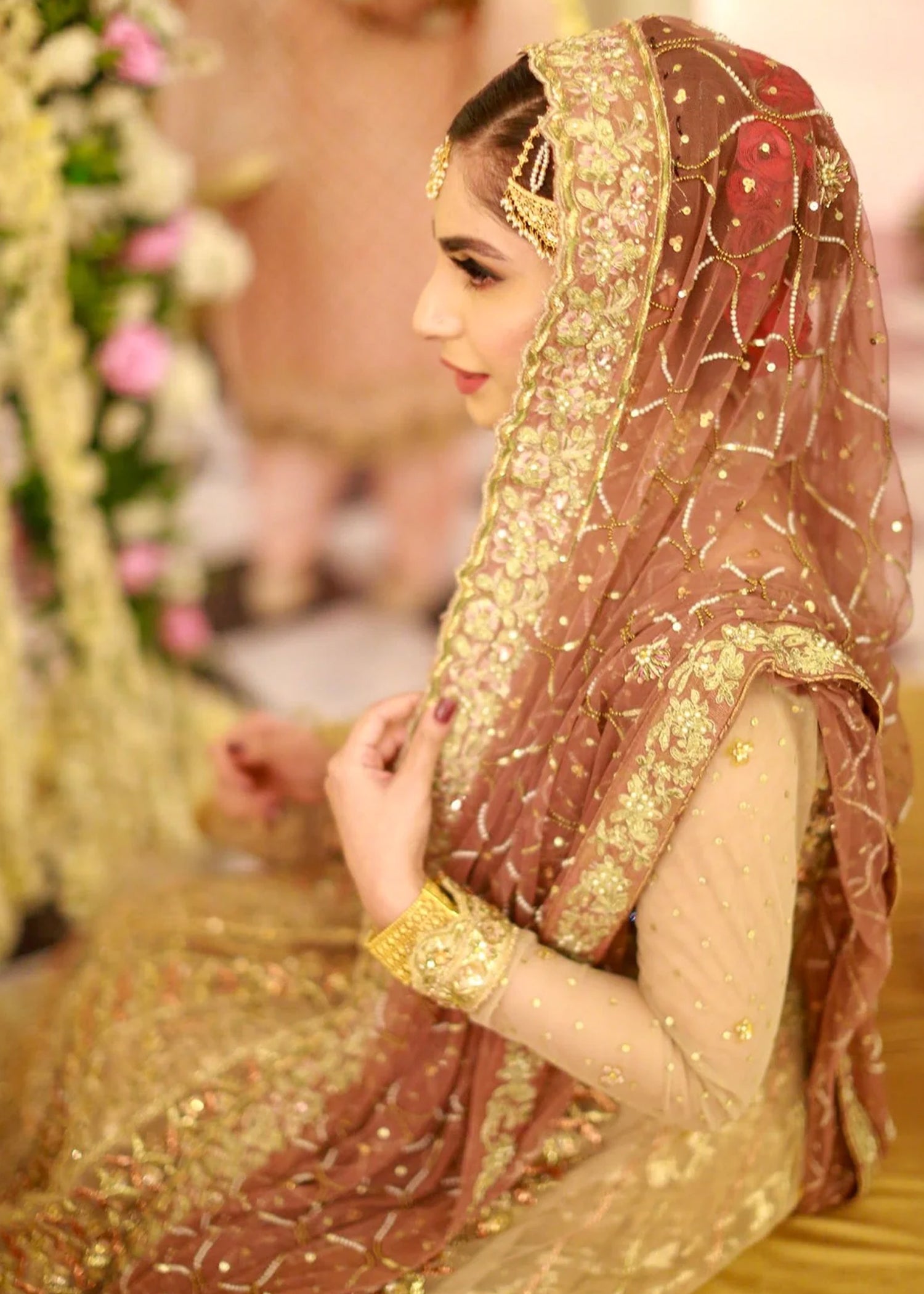 Antique Gold and Rose Embroidered Net Bridal Lehenga (3-Piece) - Image 3