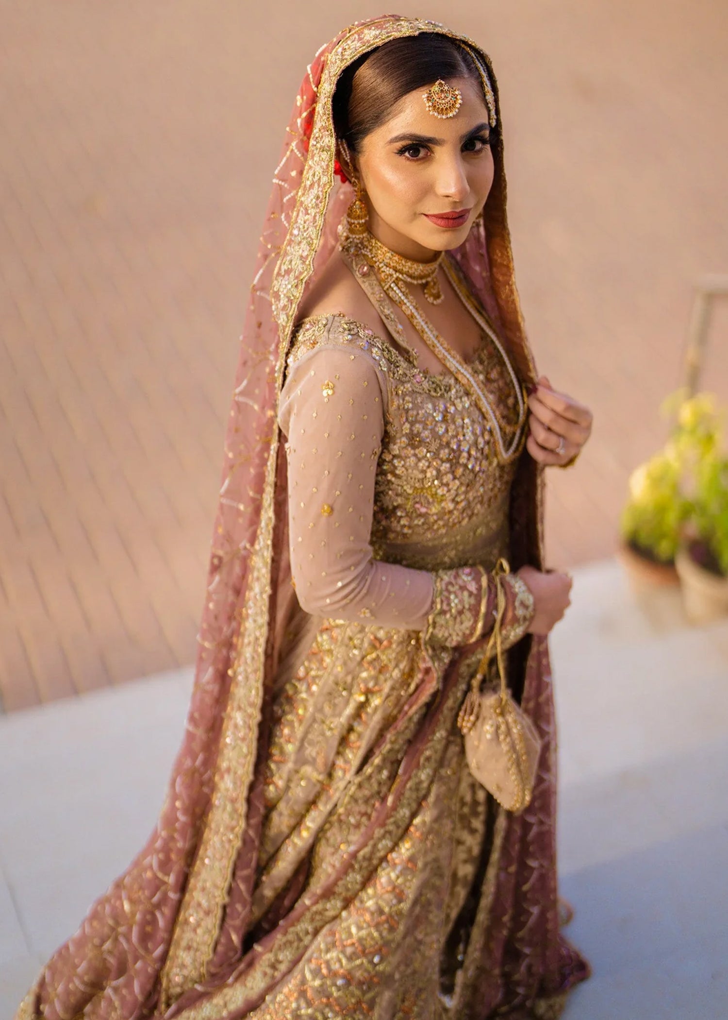 Antique Gold and Rose Embroidered Net Bridal Lehenga (3-Piece) - Image 4