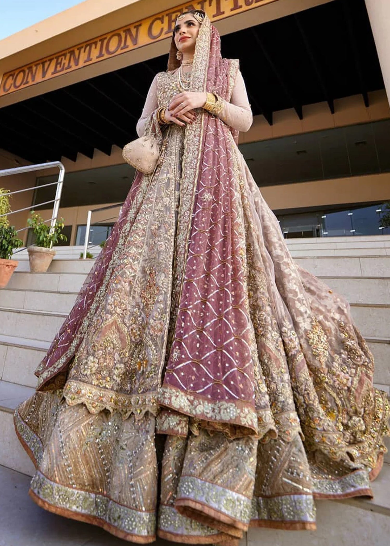 Antique Gold and Rose Embroidered Net Bridal Lehenga (3-Piece) - Image 5