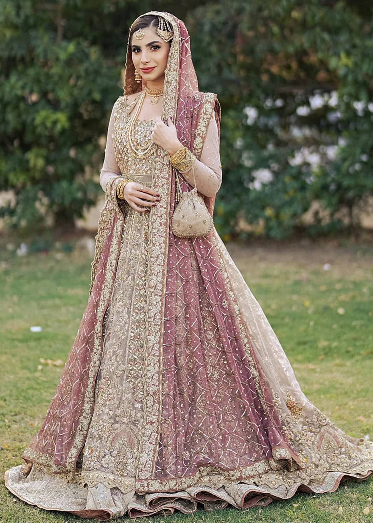 Antique Gold and Rose Embroidered Net Bridal Lehenga (3-Piece) - Image 6